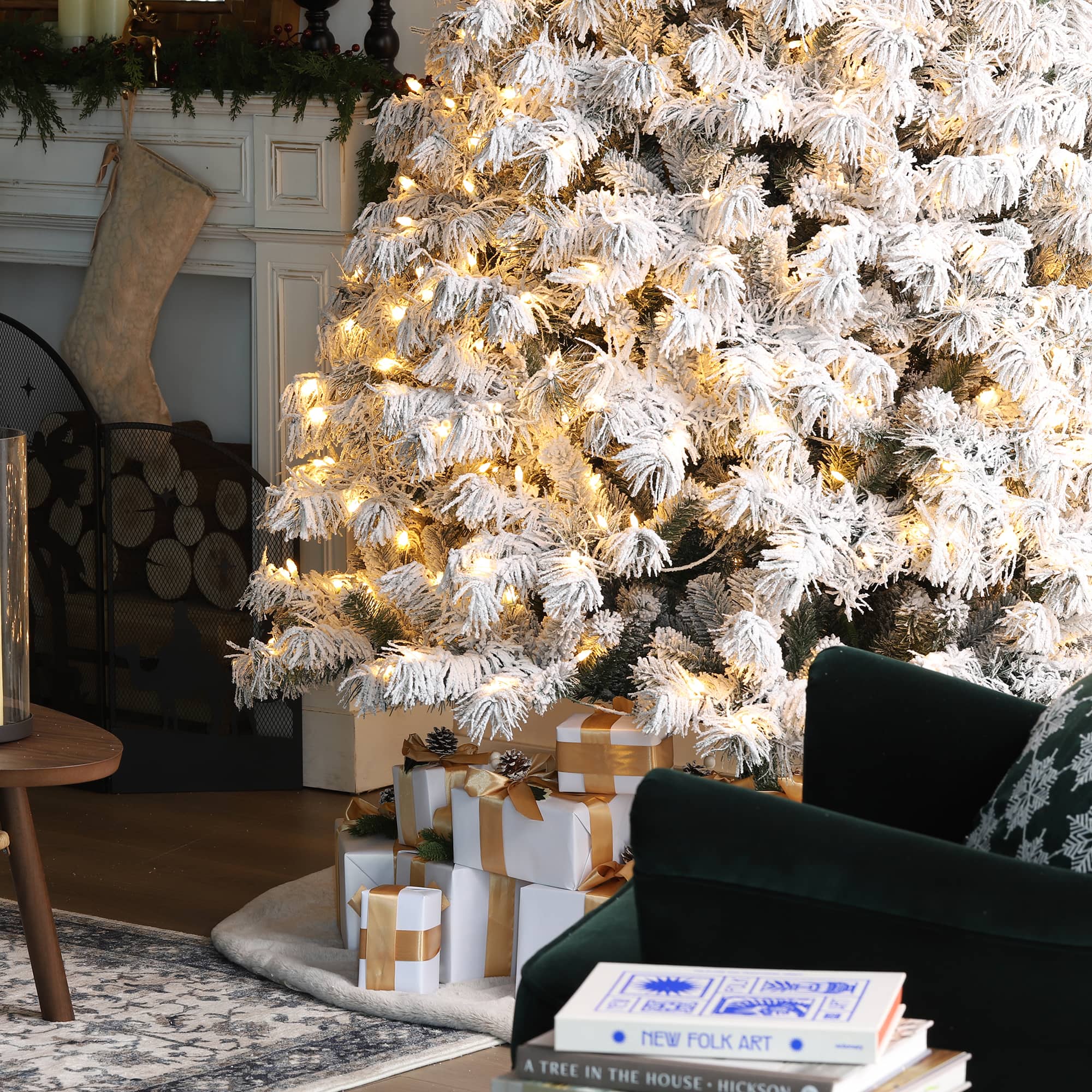 Glitzhome® 7.5ft Pre-Lit Flocked Full Spruce Artificial Christmas Tree, Warm White LED Lights