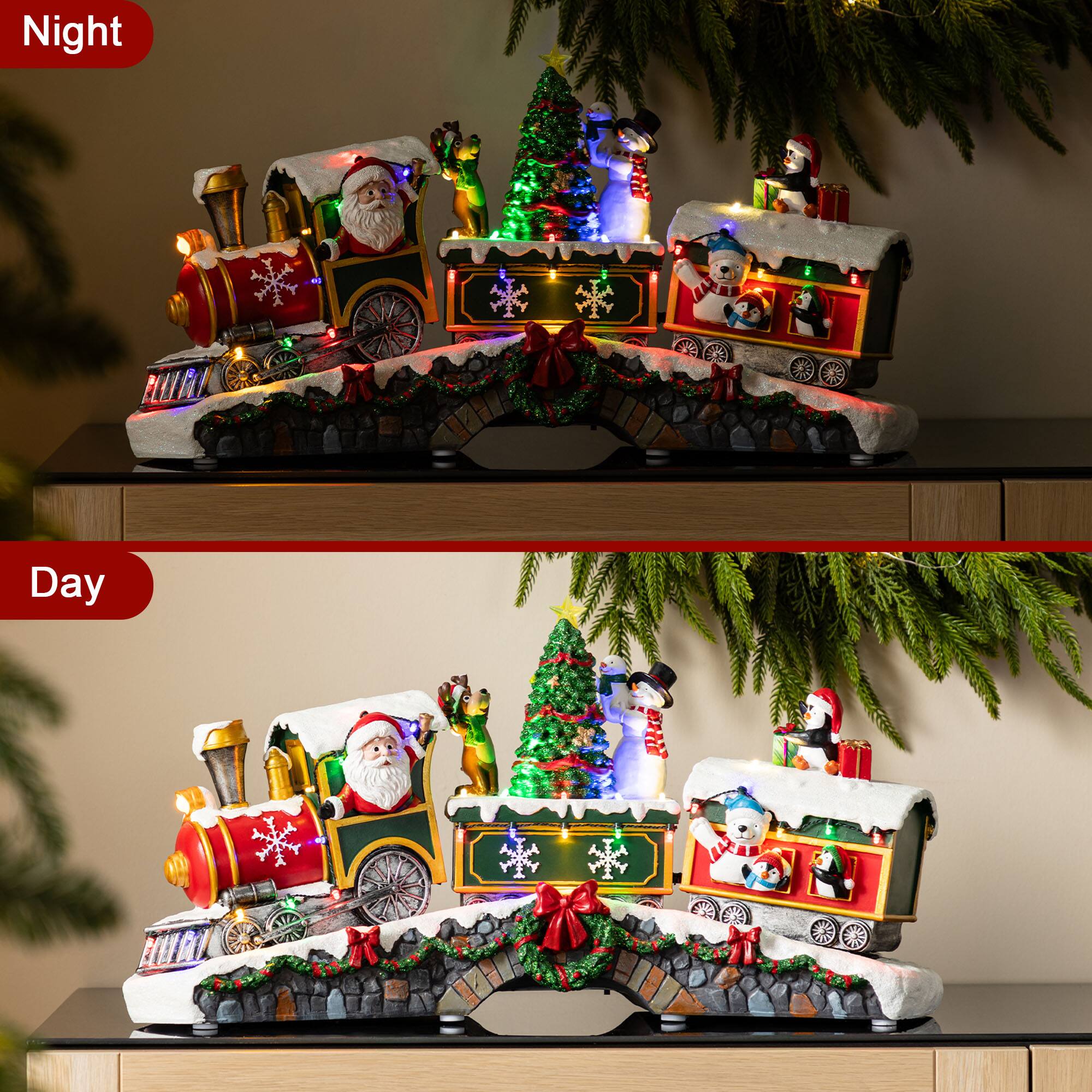 Glitzhome® 20" Lighted Christmas Santa Train Resin Village with Movement and Music