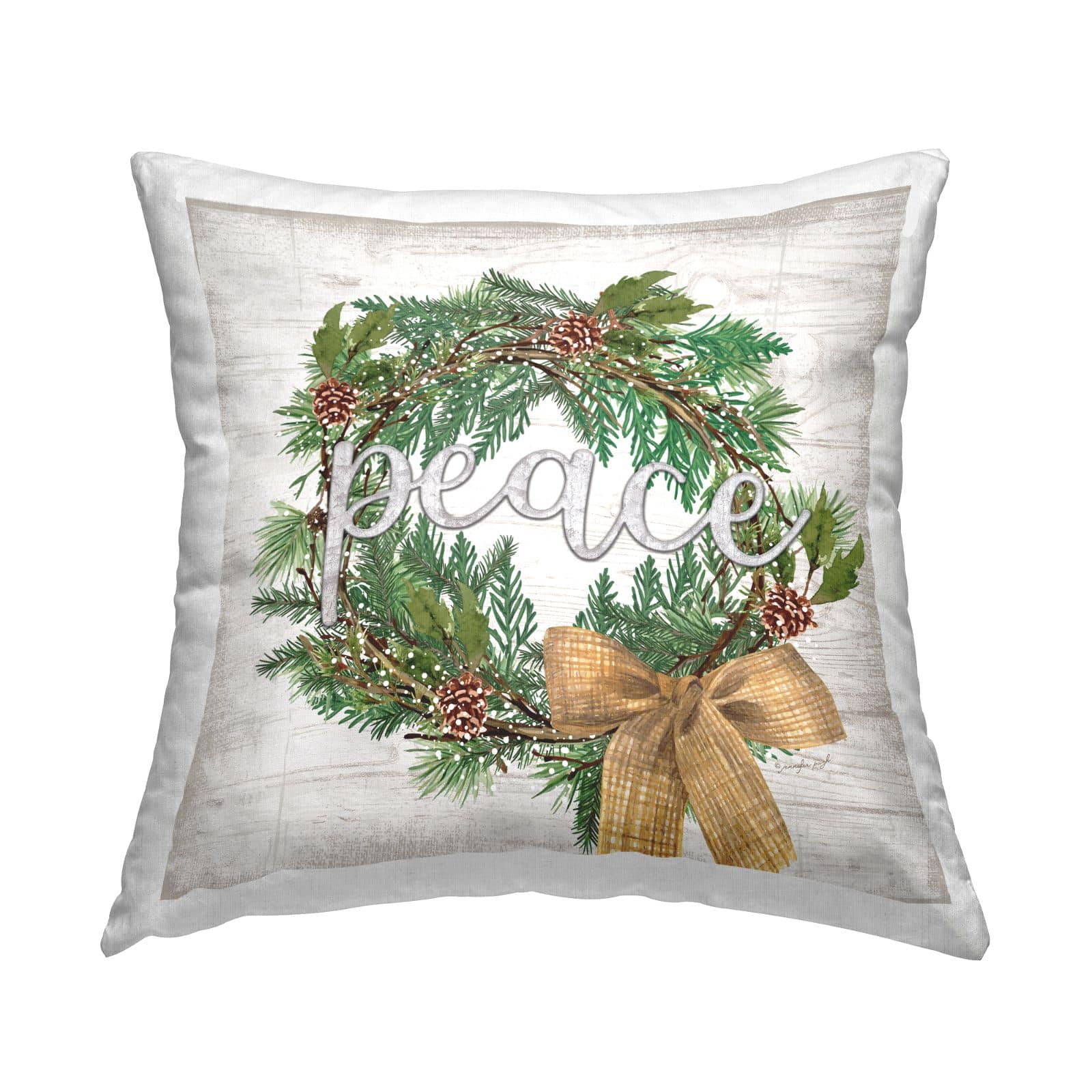 Stupell Industries Holiday Botanical Wreath Bow Peace Throw Pillow