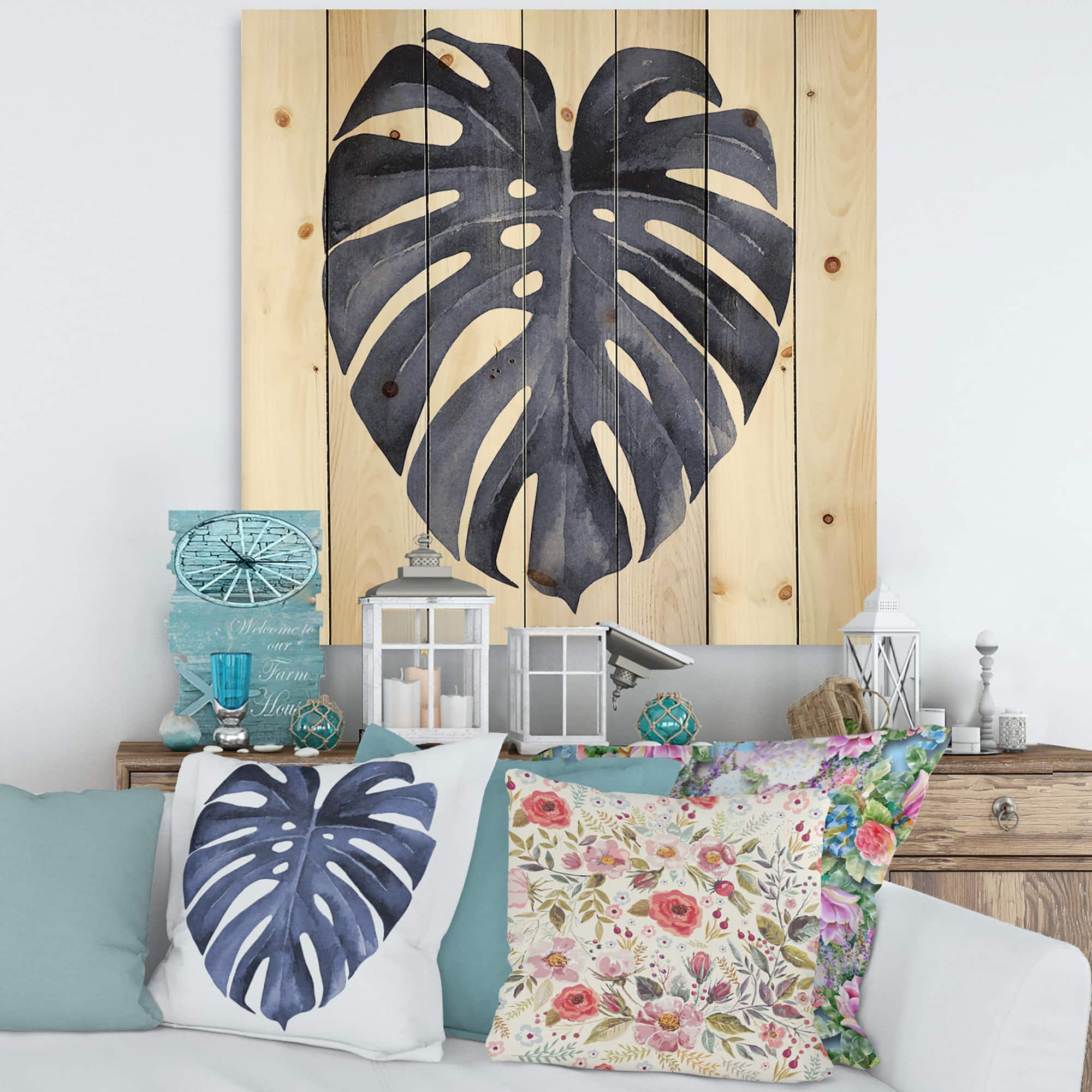 Designart - Tropical Blue Watercolour Leaves III - Traditional Print on Natural Pine Wood