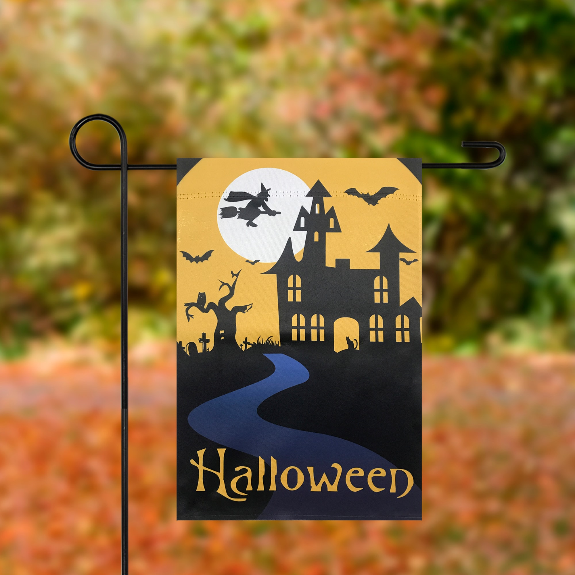 Spooky House Halloween Outdoor Garden Flag with Bats & Witch, 12.5" x 18"