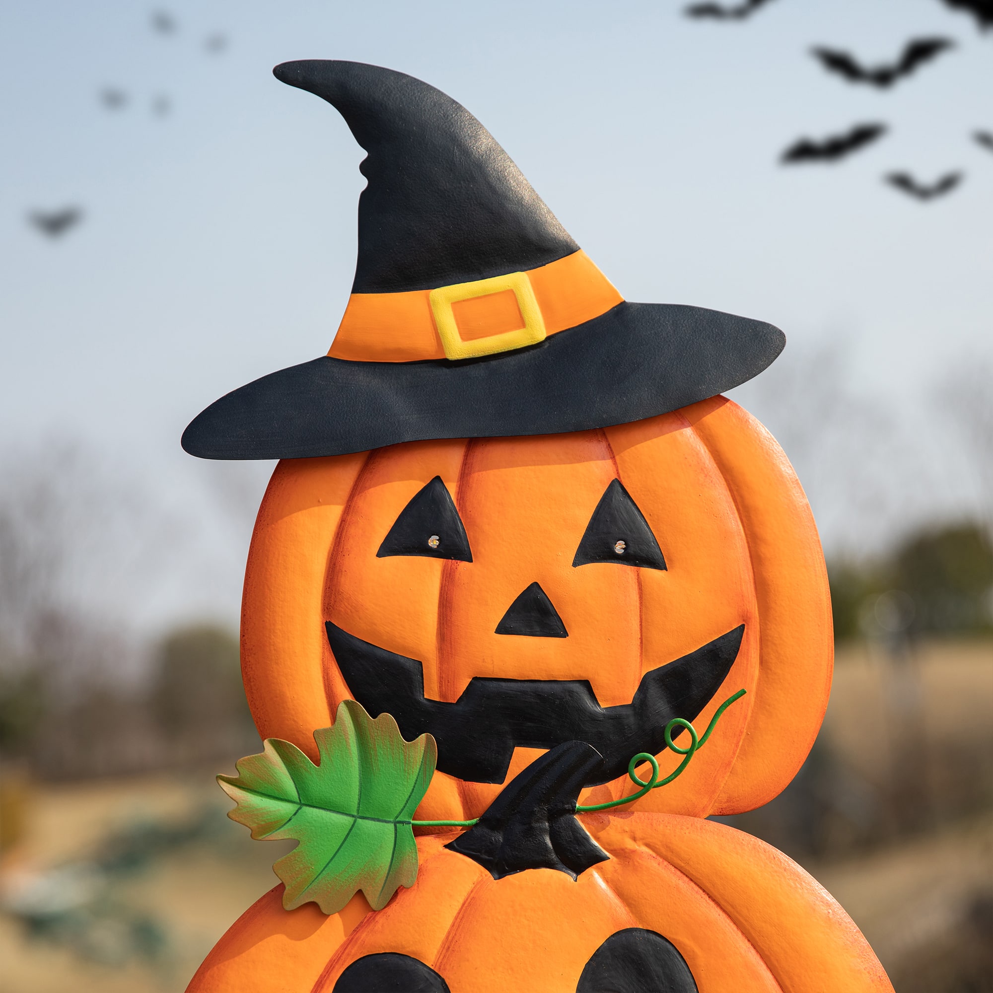 Glitzhome® 3.3ft. Halloween Lighted Metal Stacked Jack-O-Lantern Yard Stake Set with Timer