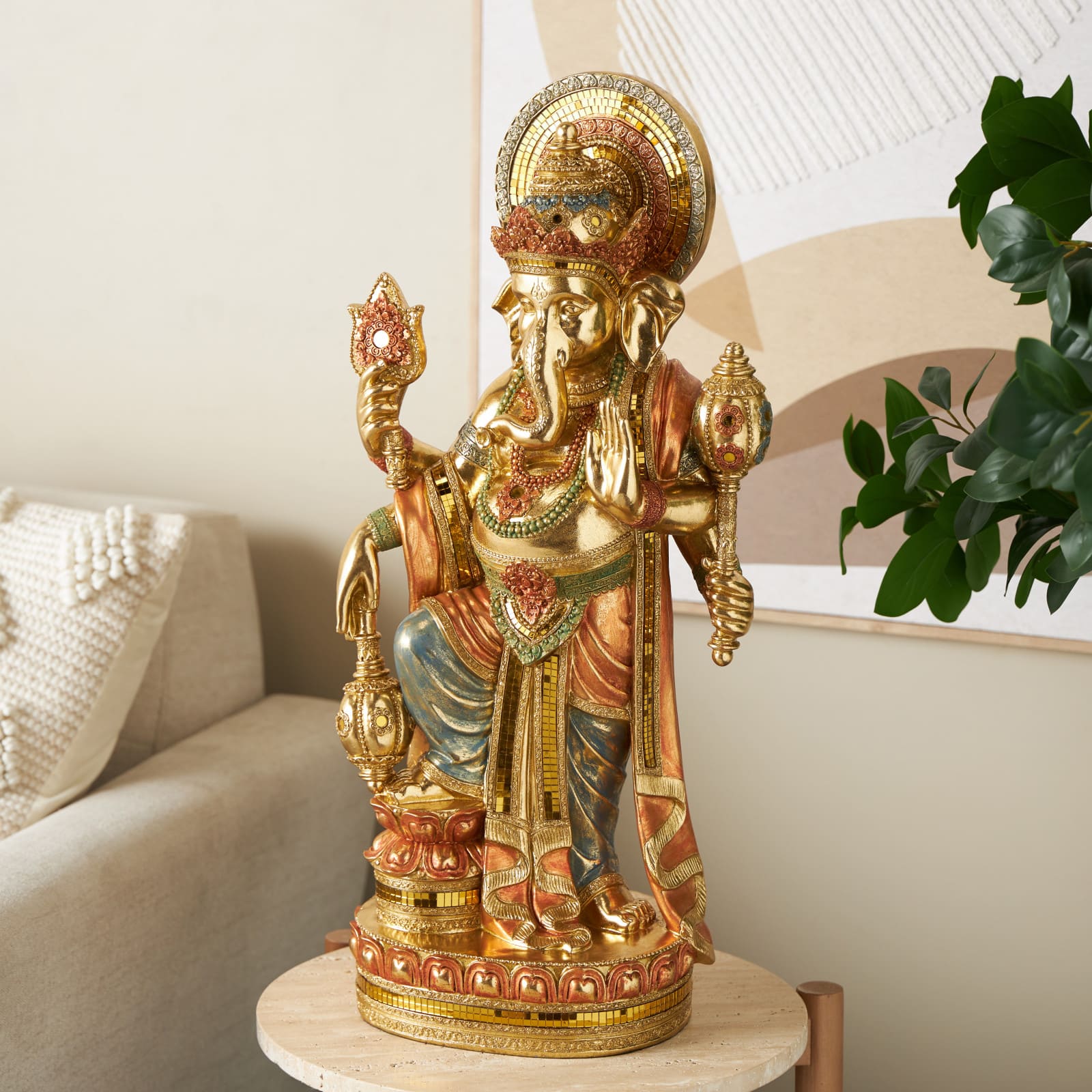 26.5" Gold Ganesh Sculpture with Green, Blue & Red Accents