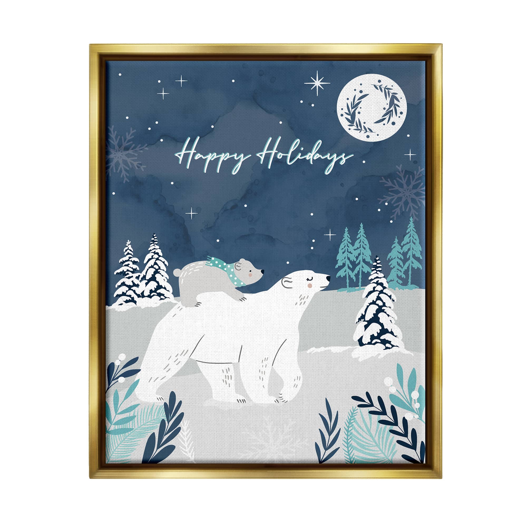 Stupell Industries Happy Holidays Winter Snow Bears Framed Floater Canvas Wall Art