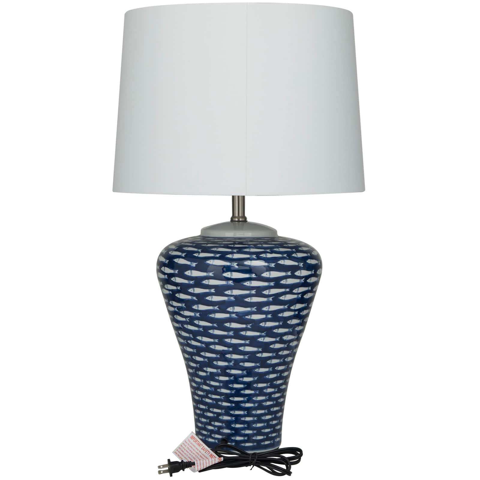 Dark Blue Ceramic Gourd Style Base Fish Table Lamp with Drum Shade 15" x 15" x 29"