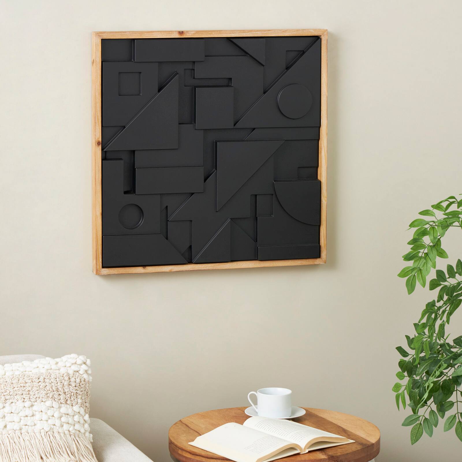 24" x 24" Black Wood Geometric Dimensional Layered Shape with Brown Frame Wall Décor