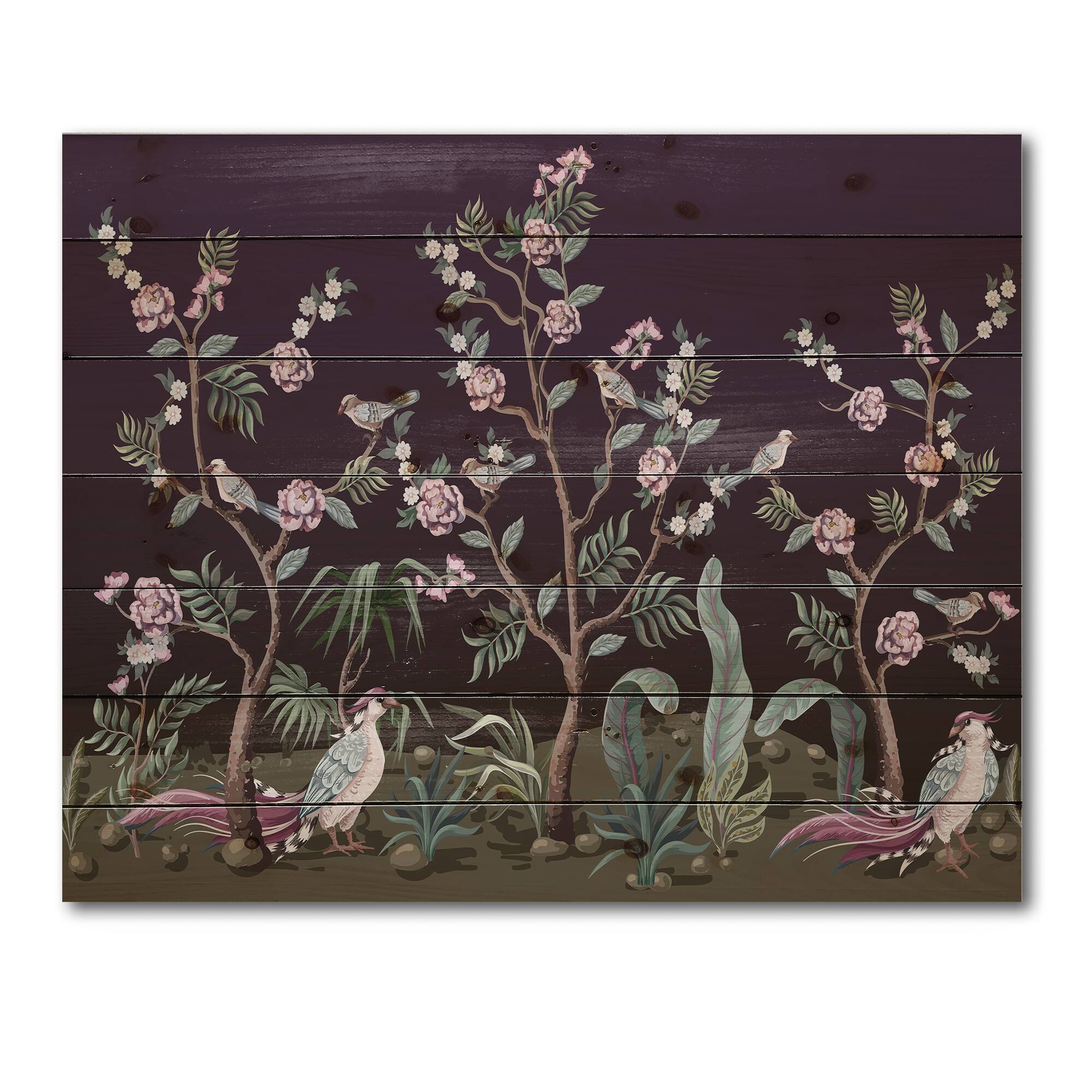 Designart - Chinoiserie With Birds and Peonies I - Traditional Print on Natural Pine Wood