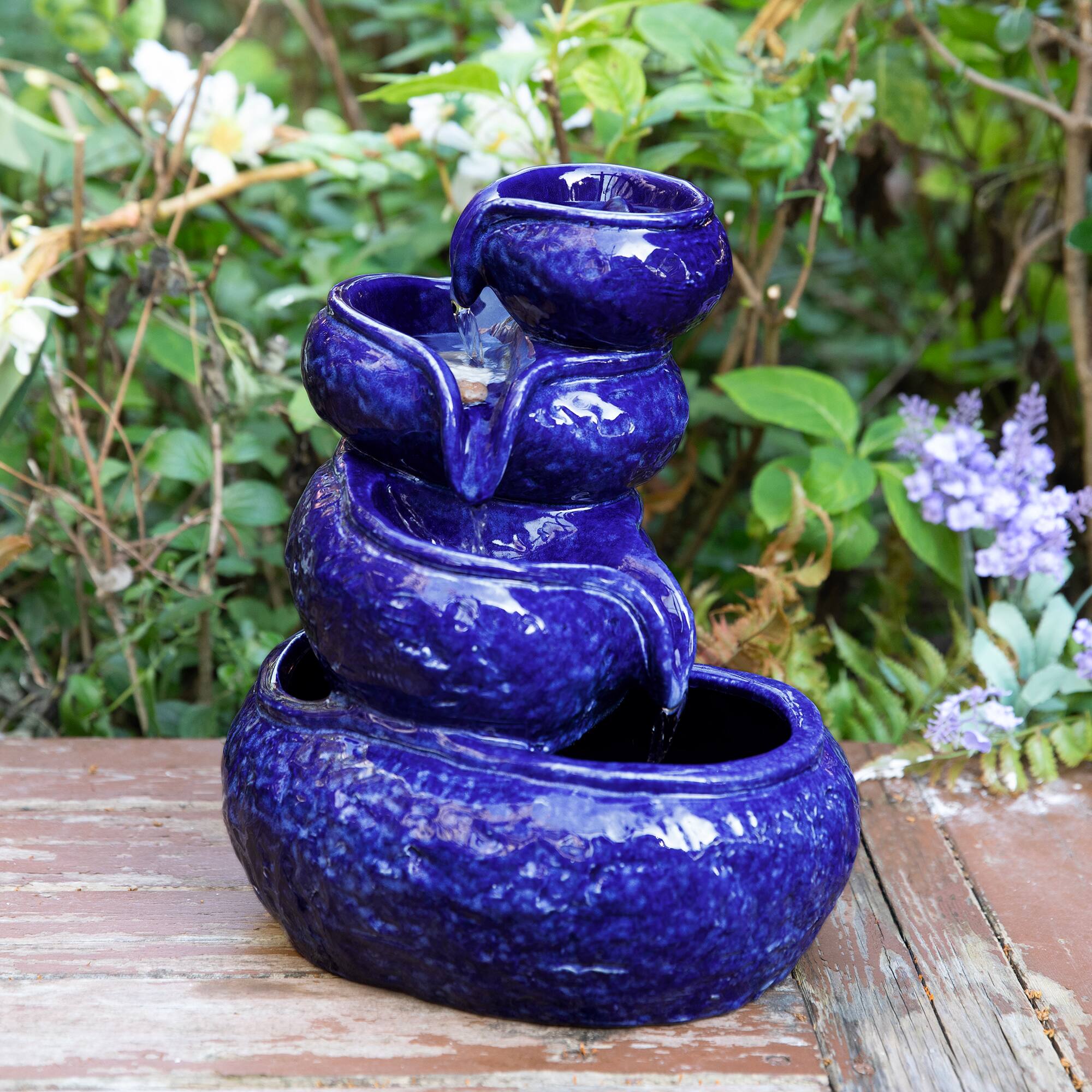 Glitzhome® 11.75" 4-Tier Cobalt Blue Tabletop Fountain with Pump
