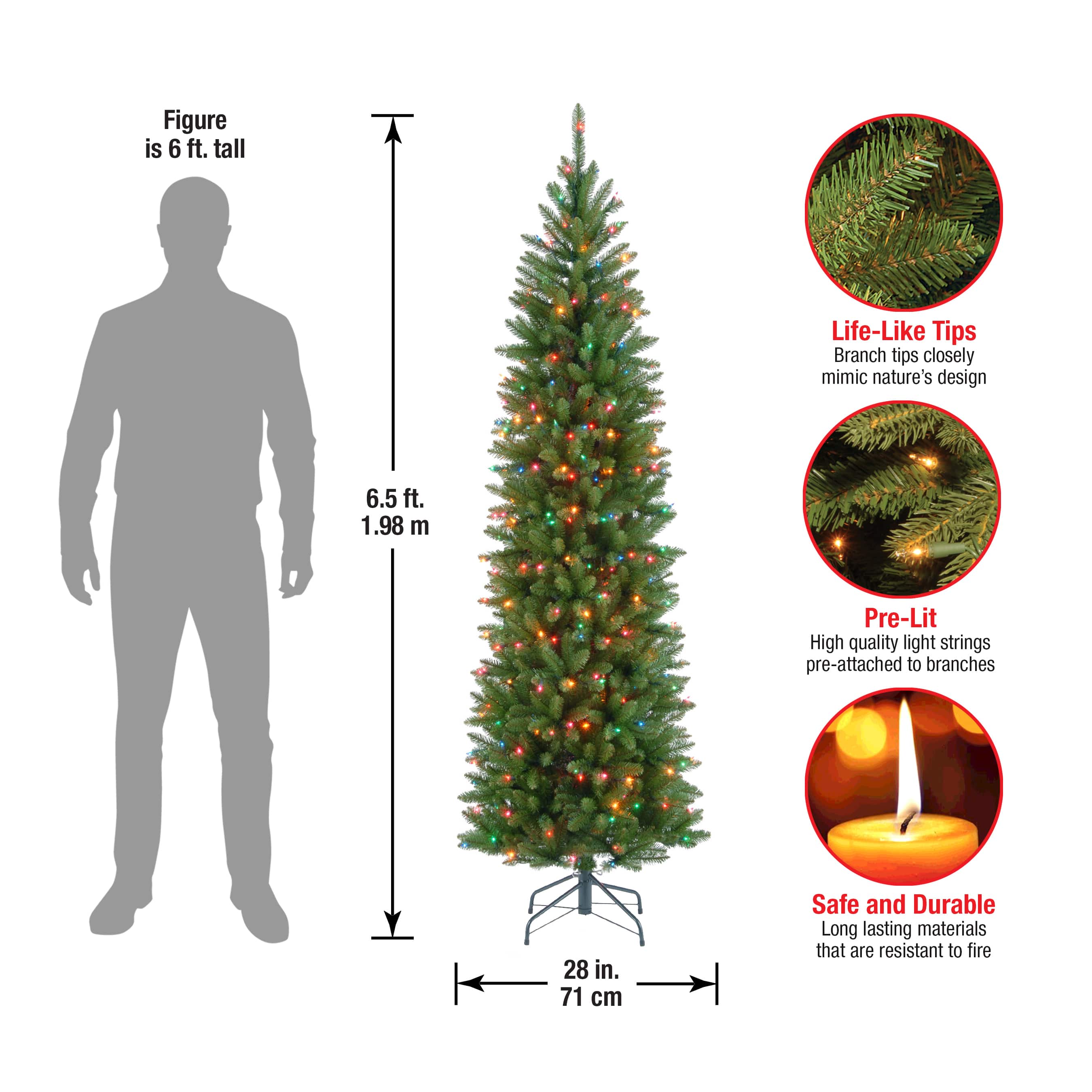 6.5 ft. Pre-lit Kingswood Fir Pencil Artificial Christmas Tree, Multicolor Lights