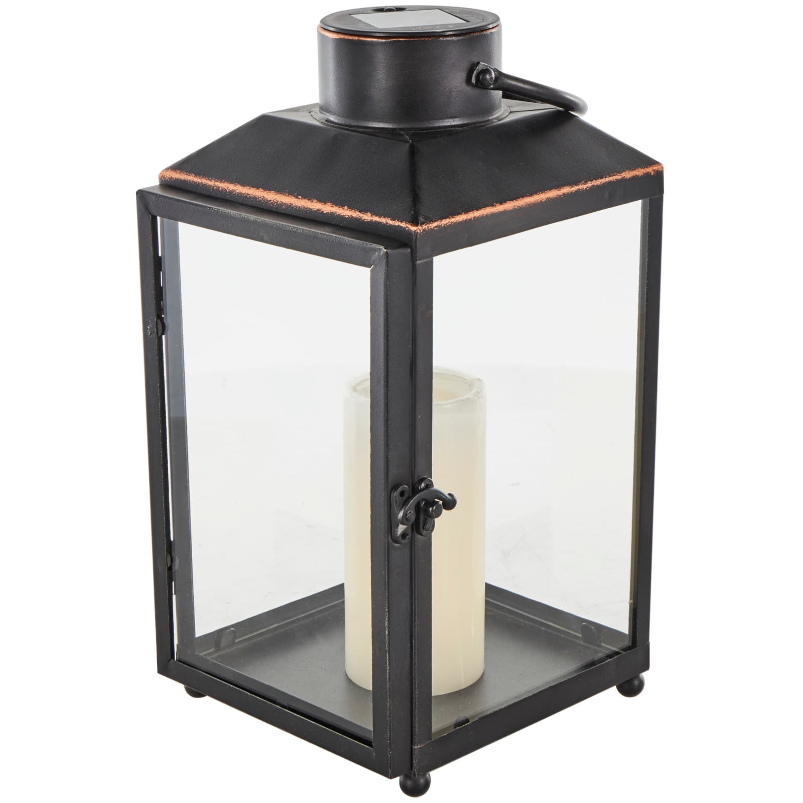 14" Black Metal Modern Candle Lantern with Gold Accents