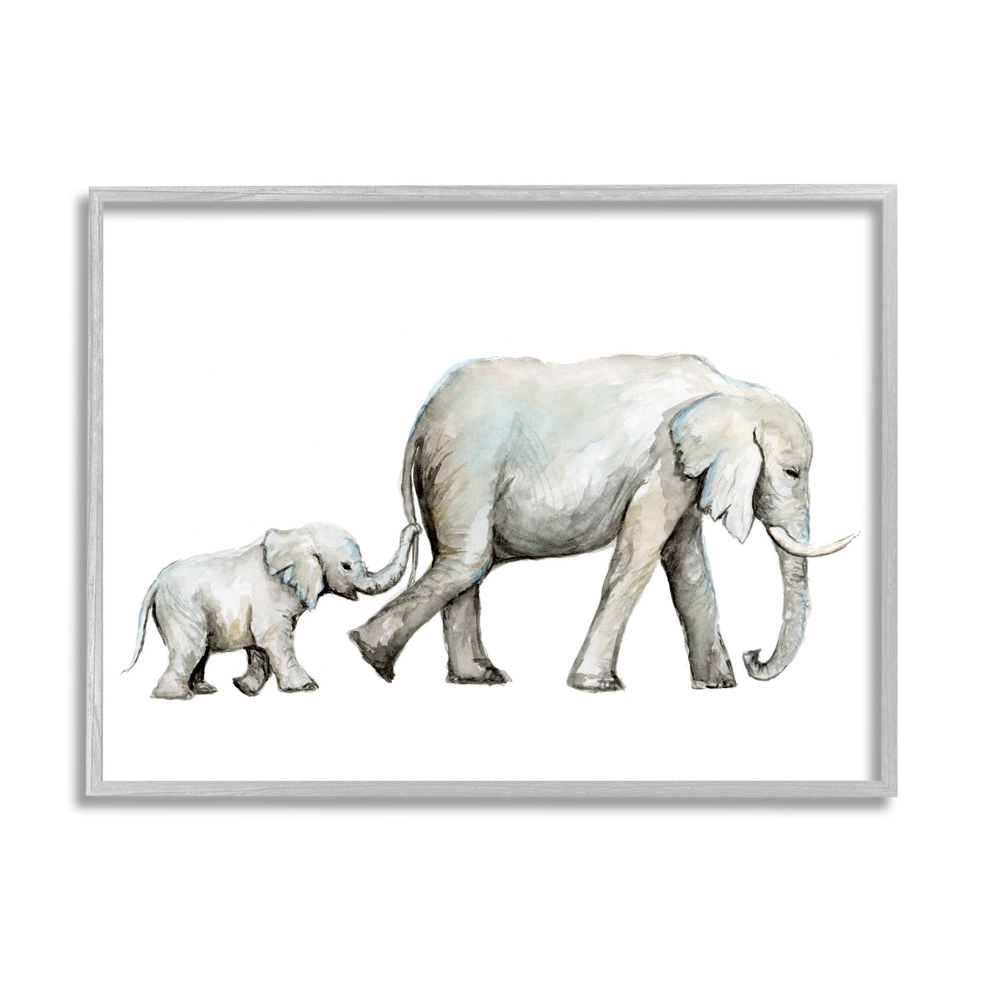 Stupell Industries Baby Elephant Mother Watercolor Painting Nursery Safari Animals Framed Wall Art