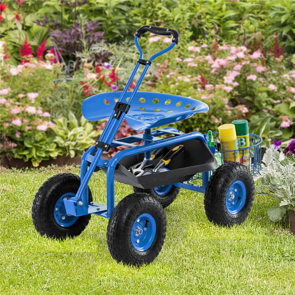 Costway Garden Cart Patio Wagon Roll Work Seat with Tray Basket Extendable Handle
