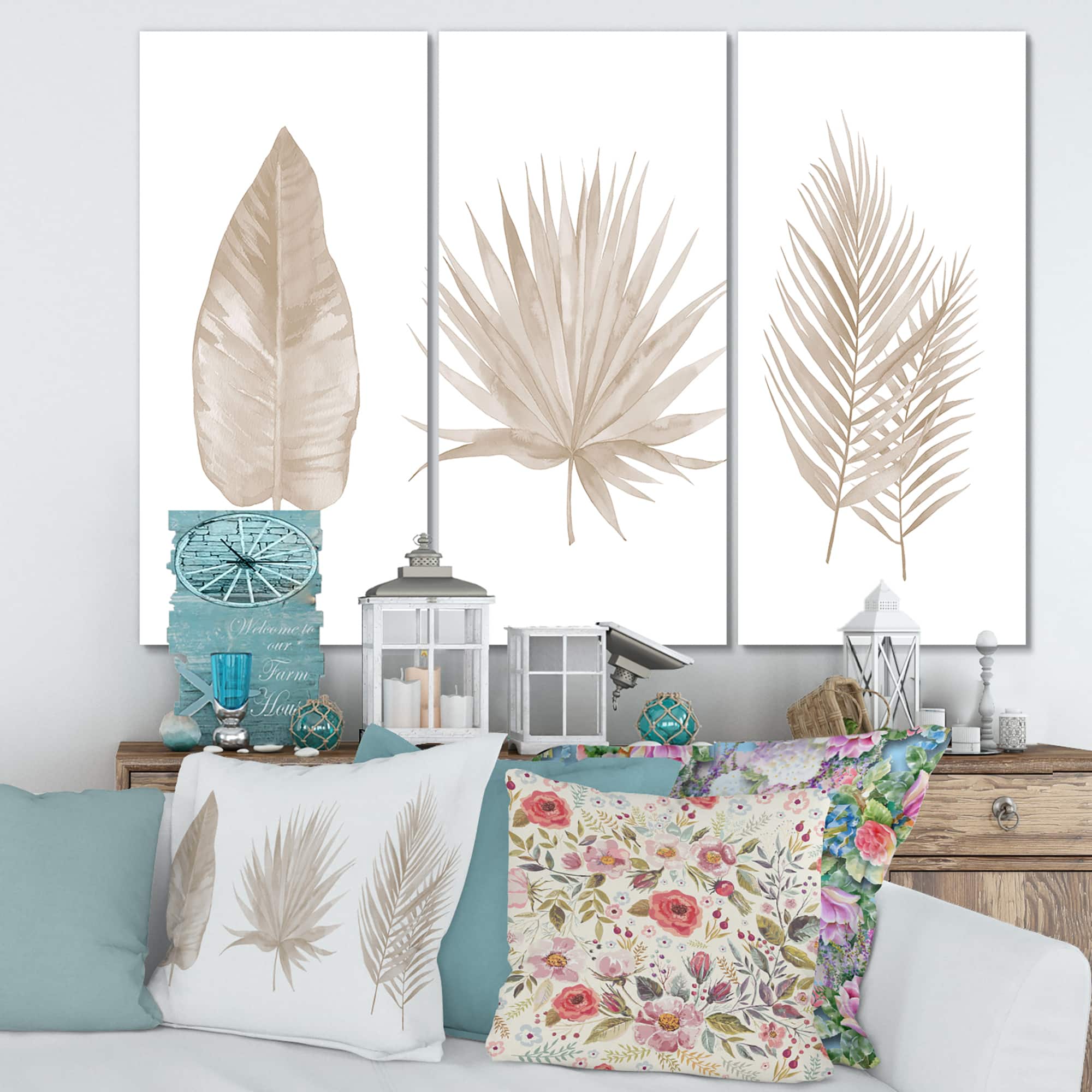 Designart - Tropical Beiges Leaves - Traditional Canvas Wall Art Print