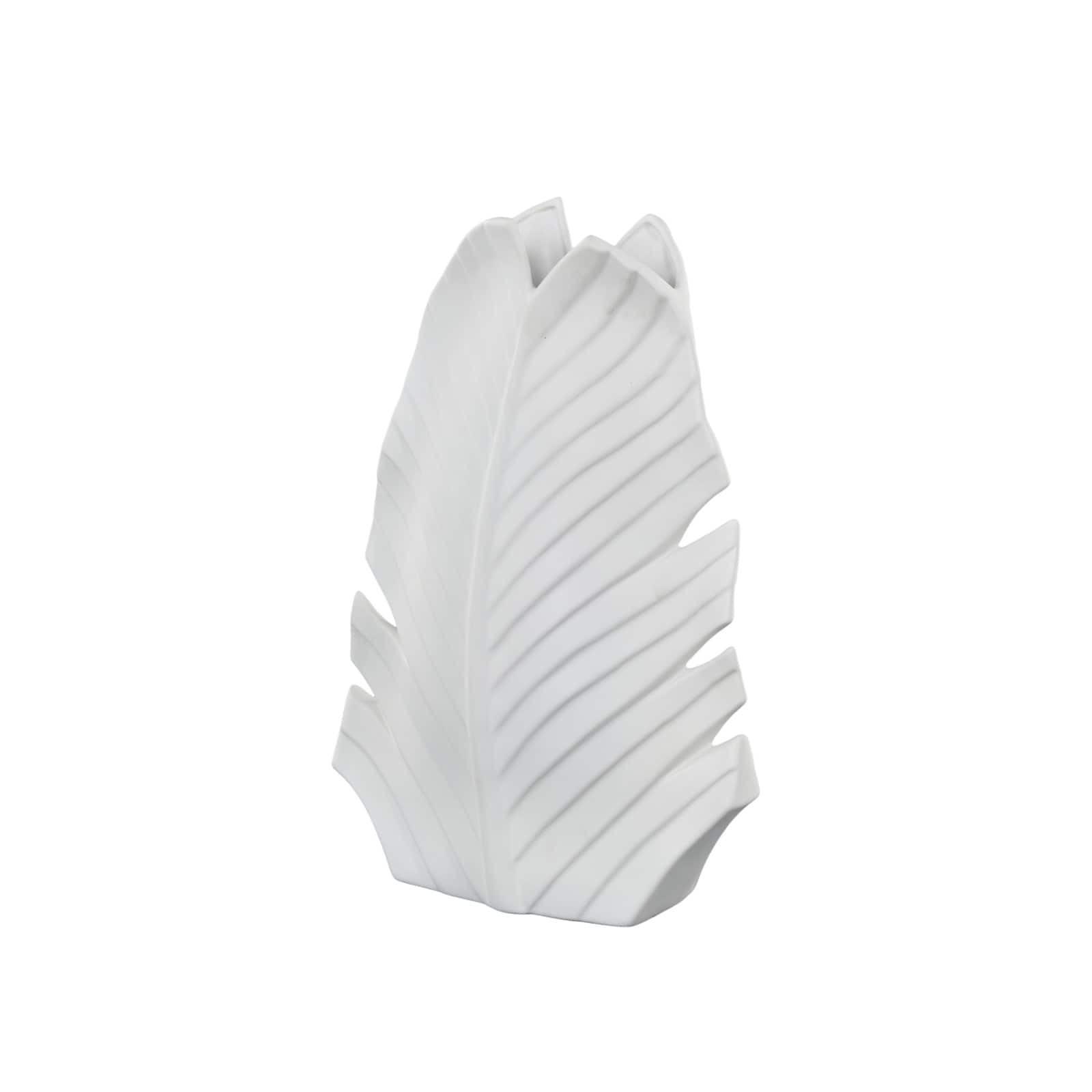 17" White Palm Tree Curved Leaf Decorative Ceramic Vase