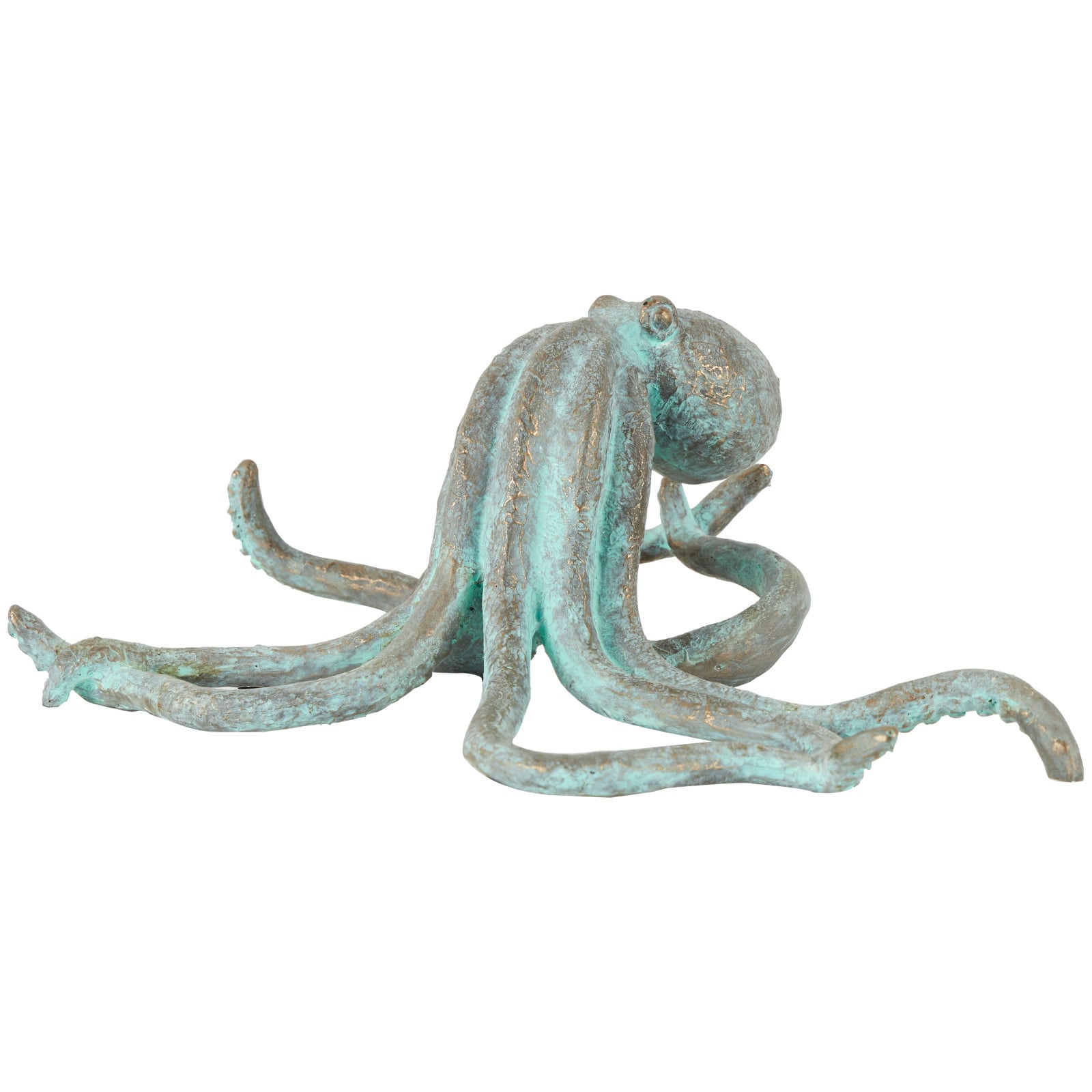 12" Blue Polystone Octopus Distressed Patina Sculpture with Gold Foil Accents