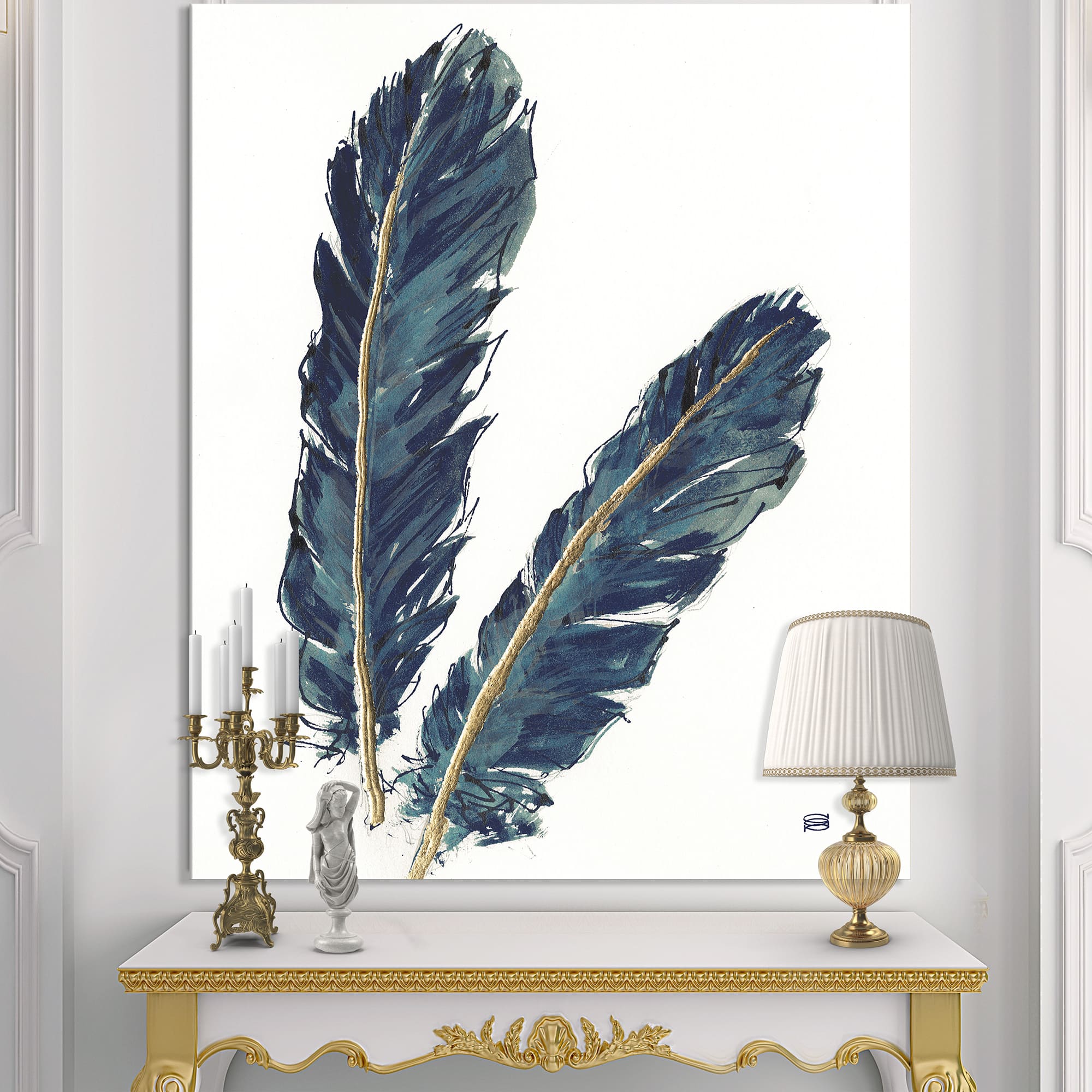 Designart - Gold Indigo Feathers IV - Modern Bohemian Canvas Artwork