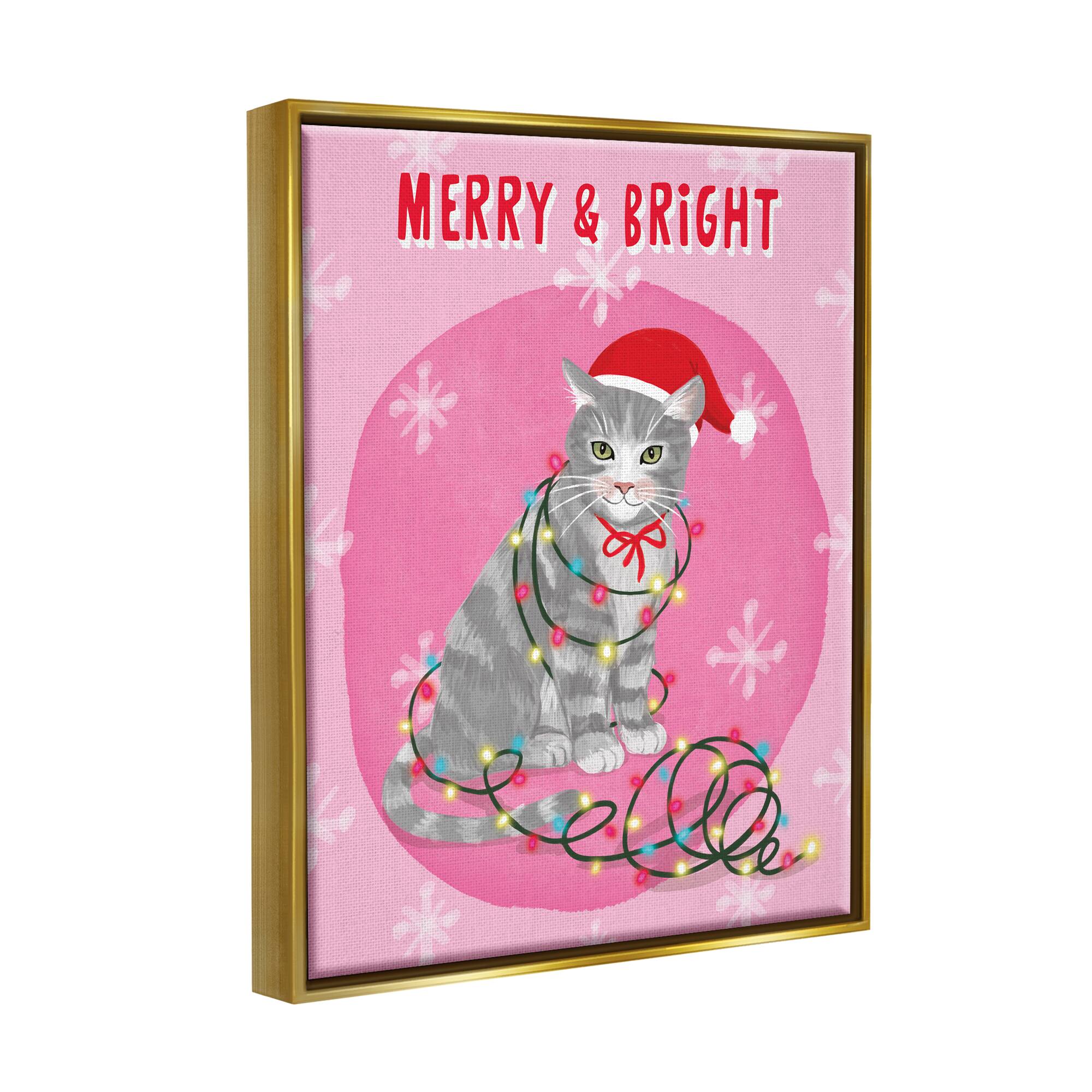 Stupell Industries Merry & Bright Christmas Cat Framed Floater Canvas Wall Art