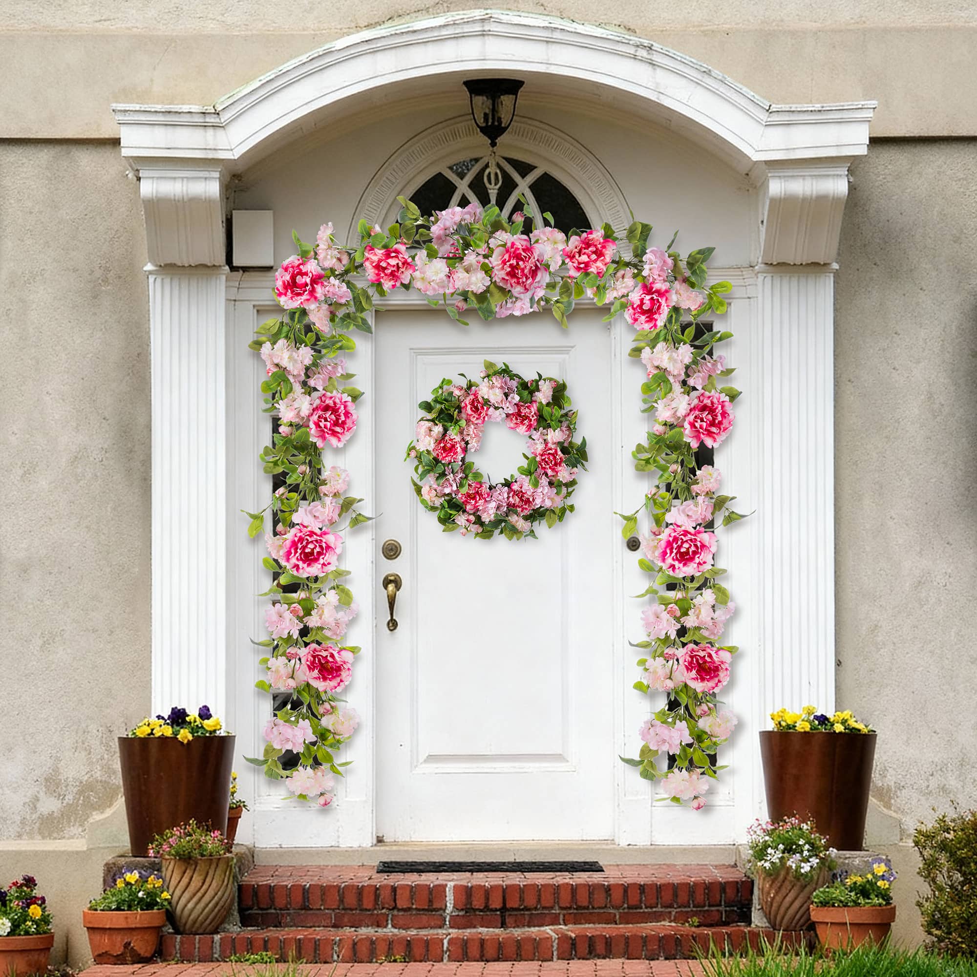 Glitzhome® 24" Pink Hydrangea, Peony & Cherry Blossom Wreath with Black Metal Hanger