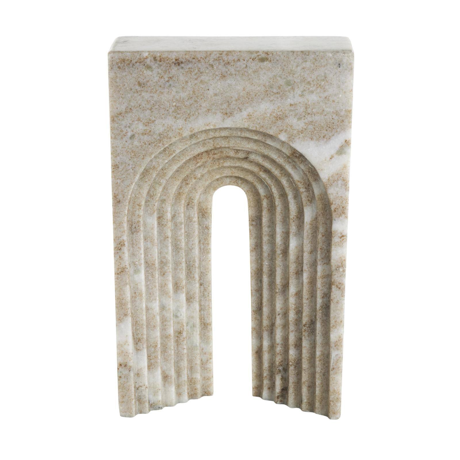 10.75" White & Beige Marble Geometric Rectangular Sculpture with Arched Groove Interior