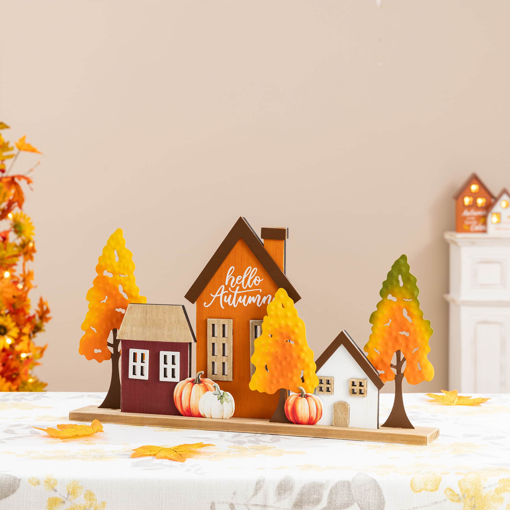 Glitzhome® 18" Fall Metal & Wood Village Table Decor