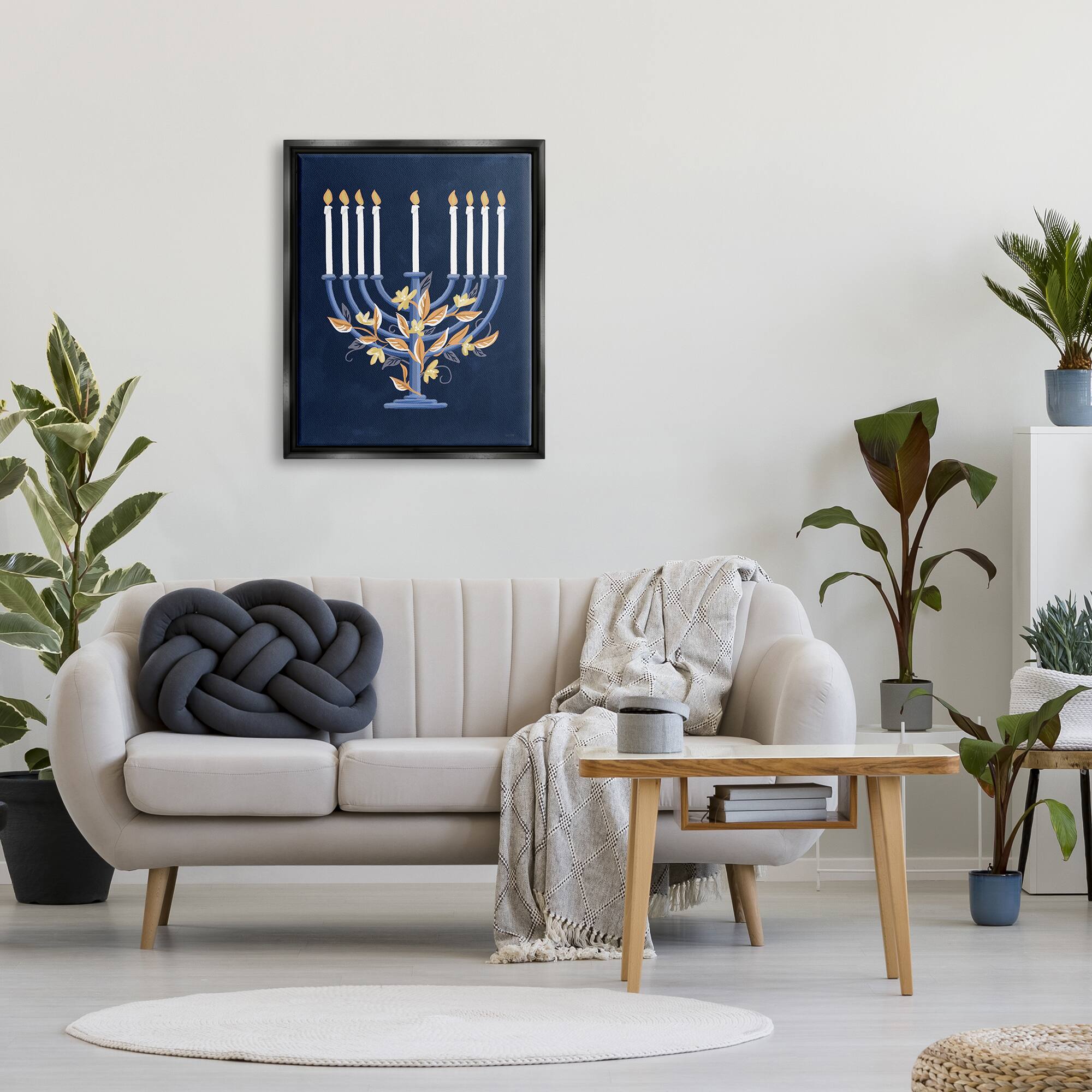 Stupell Industries Traditional Floral Hanukkah Menorah Framed Floater Canvas Wall Art