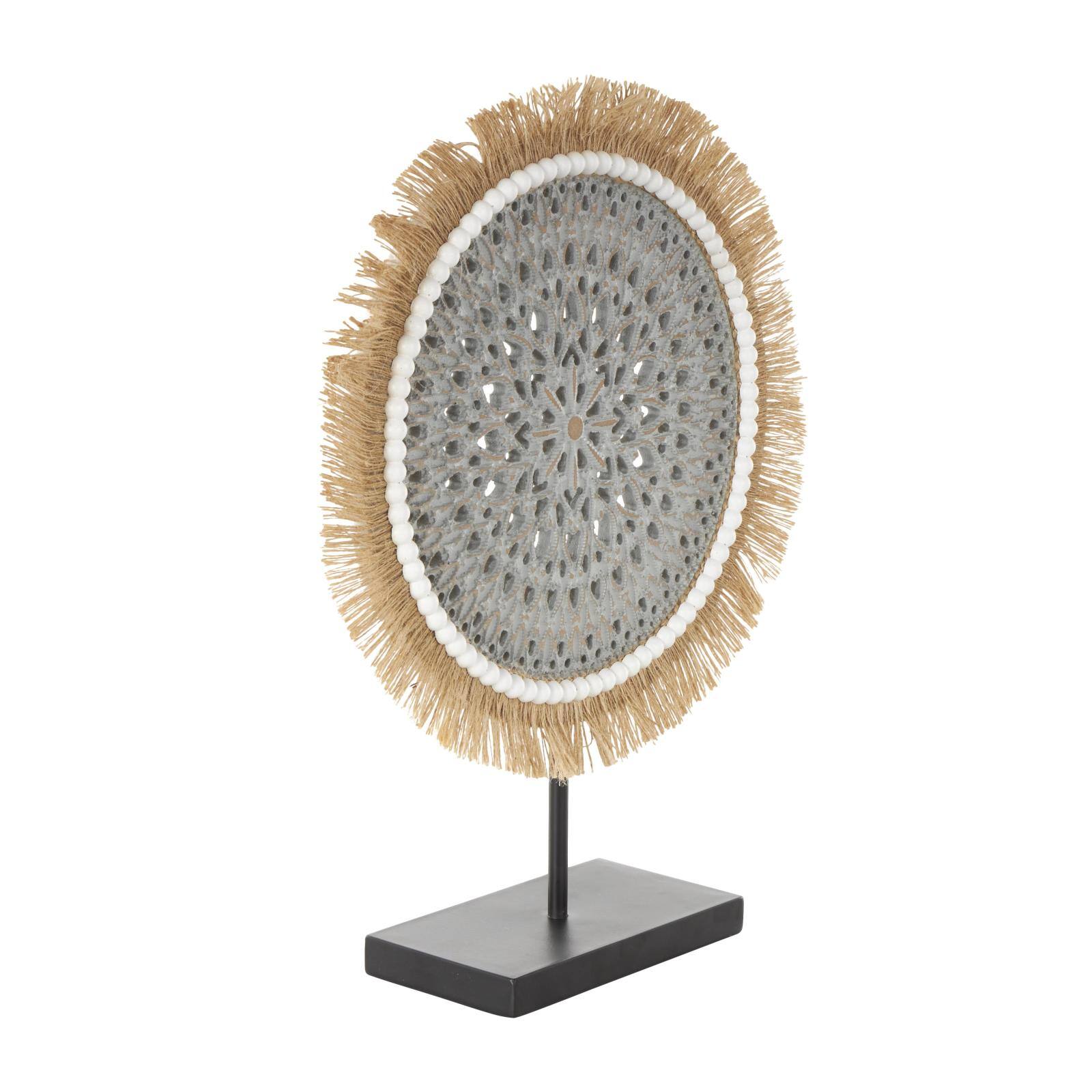 17.75" Gray Wooden Tribal Handmade Seagrass Fringed Decorative Sculpture with Black Base