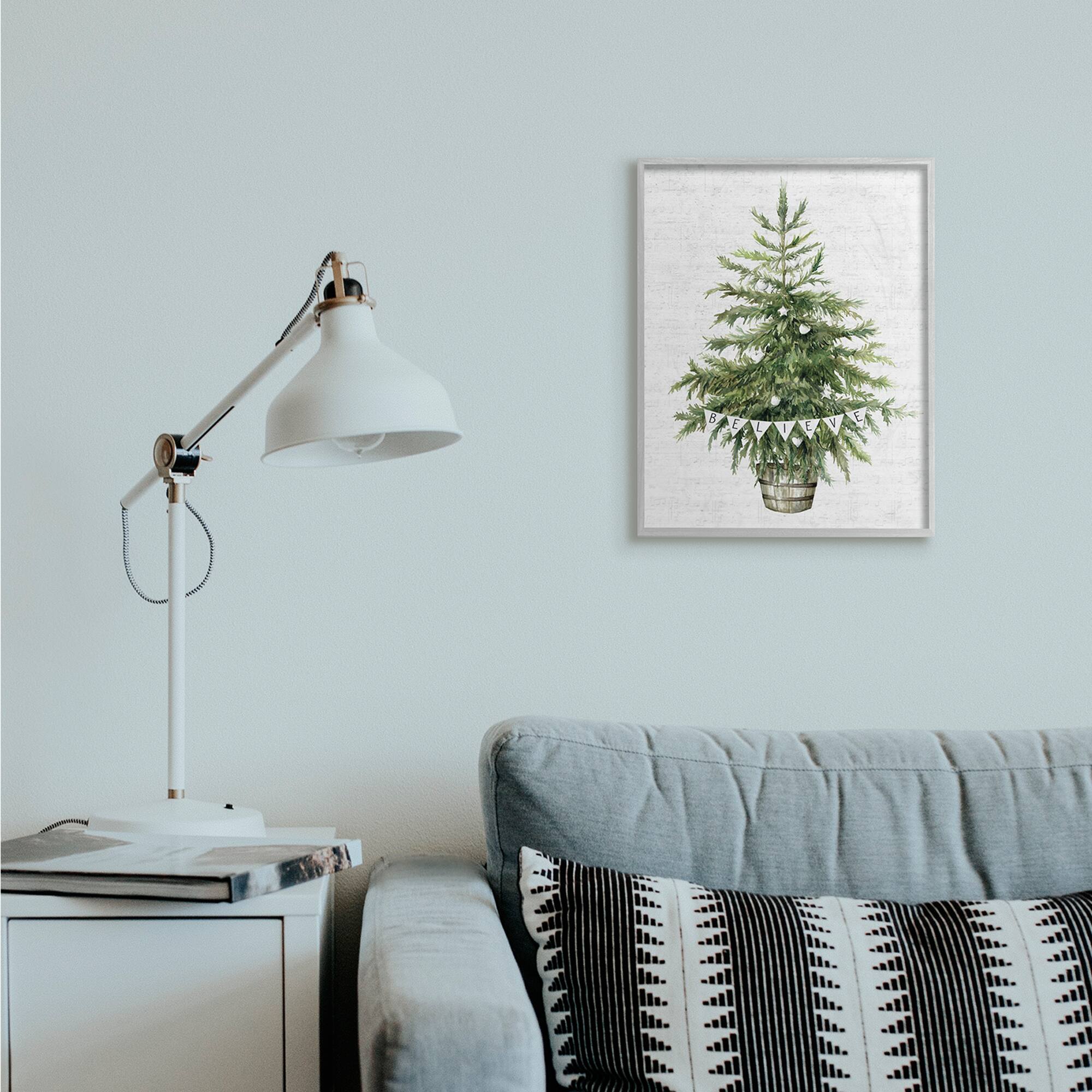Stupell Industries Holiday Green Fir Tree with Believe Phrase Framed Wall Art