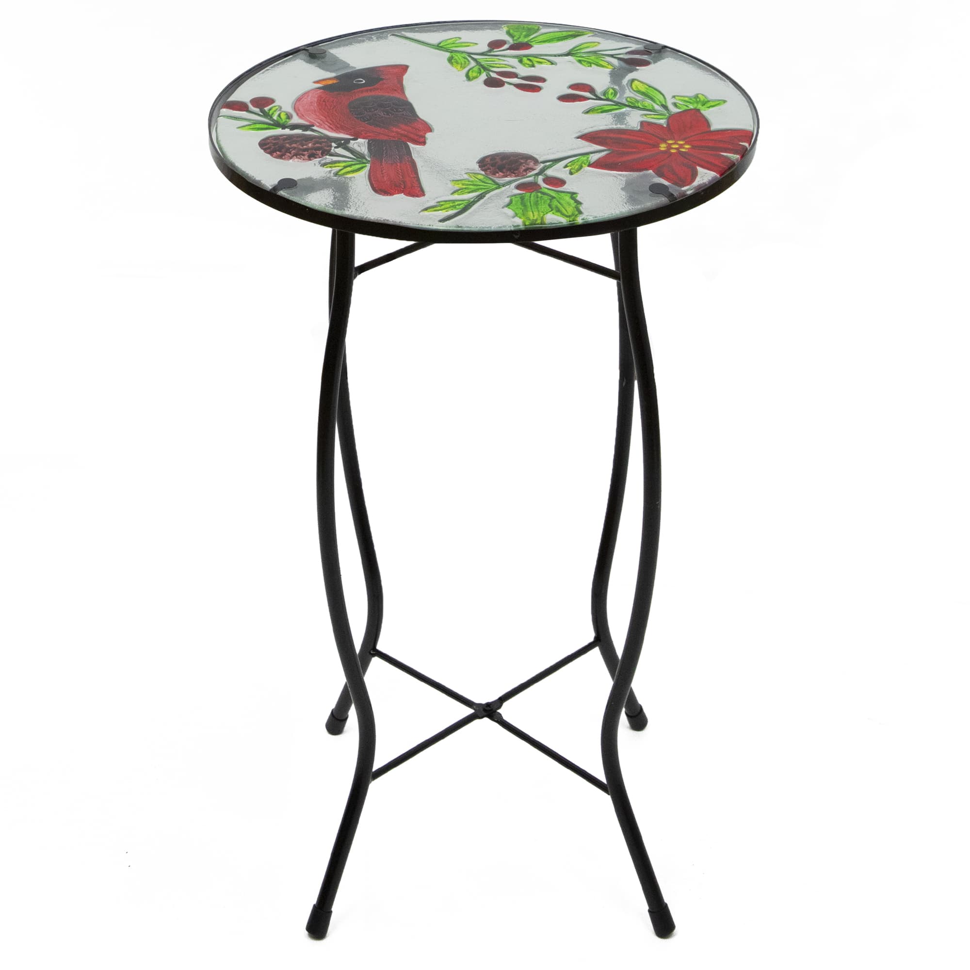 19" Red Cardinal & Pinecone Glass Patio Side Table