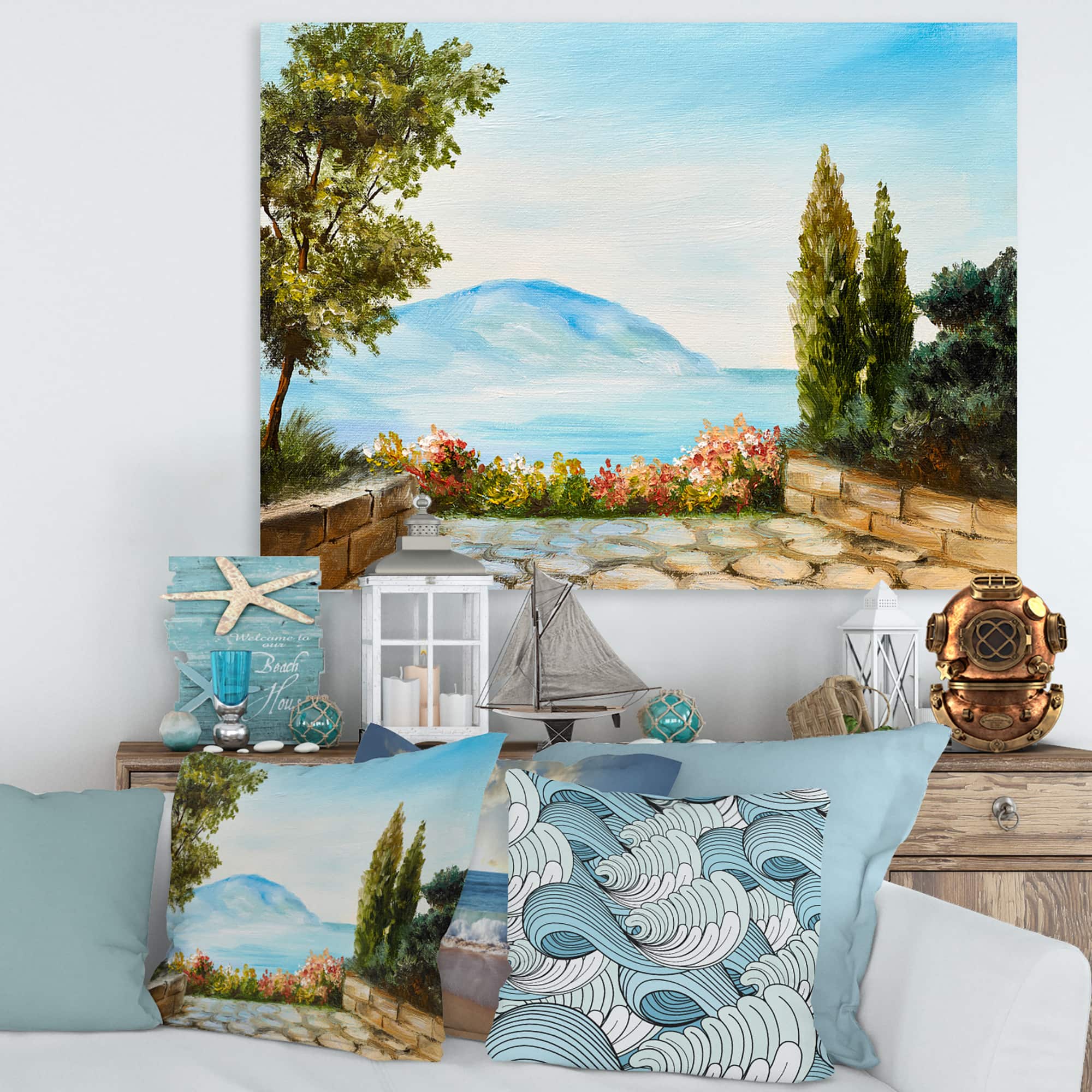 Designart - Mountains View By The Sea Side - Nautical & Coastal Canvas Wall Art Print