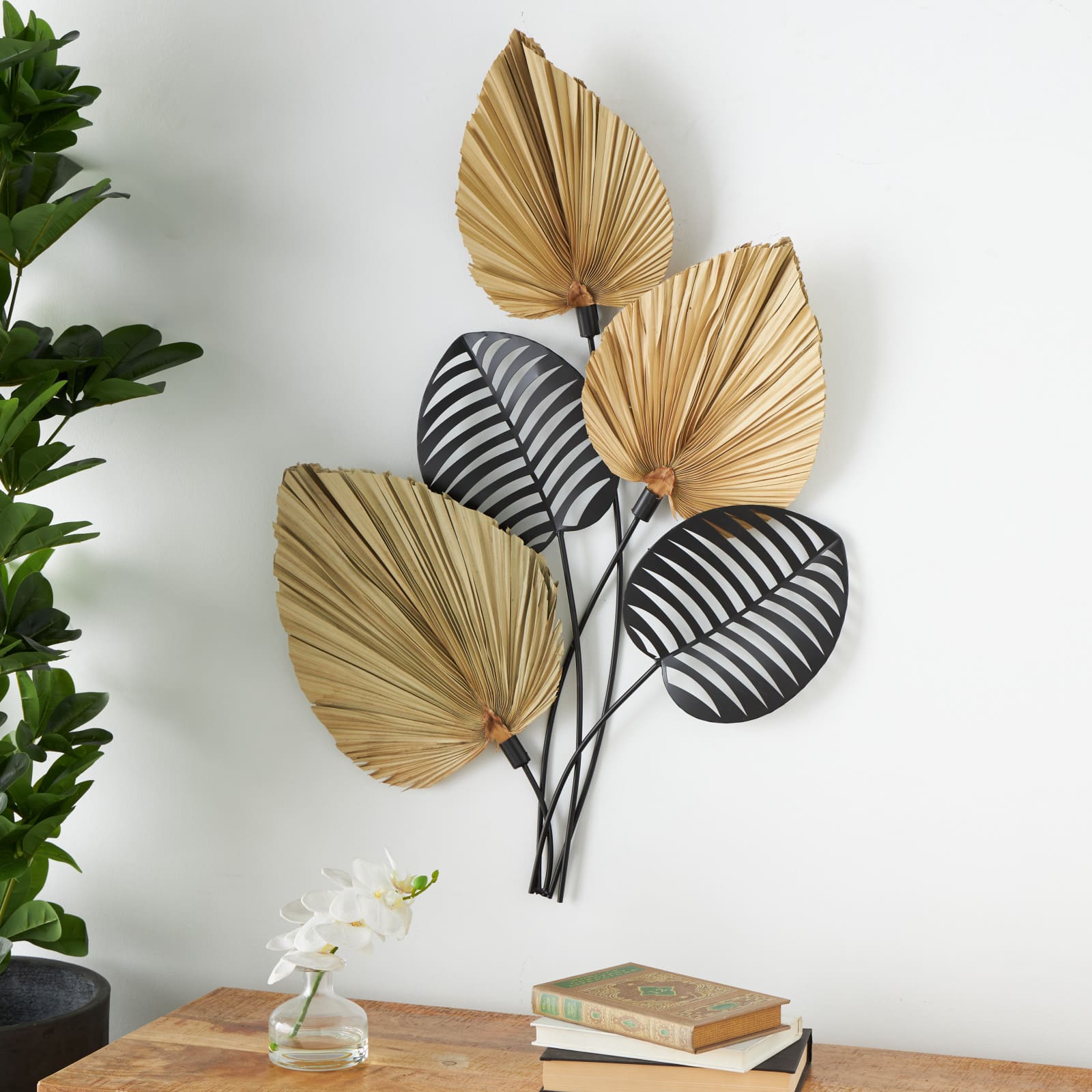 25" x 3" x 36" Brown Metal Leaf Layered Wall Decor with Palm Leave Accents