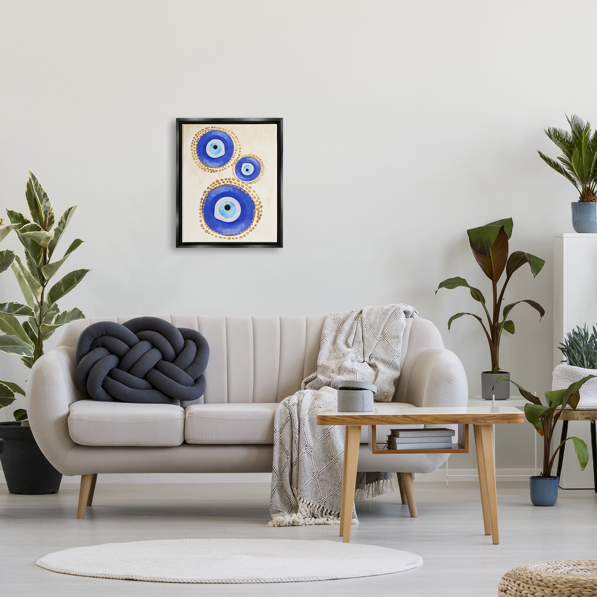 Stupell Industries Round Blue Evil Eye Pattern Dotted Detail Framed Floater Canvas Wall Art