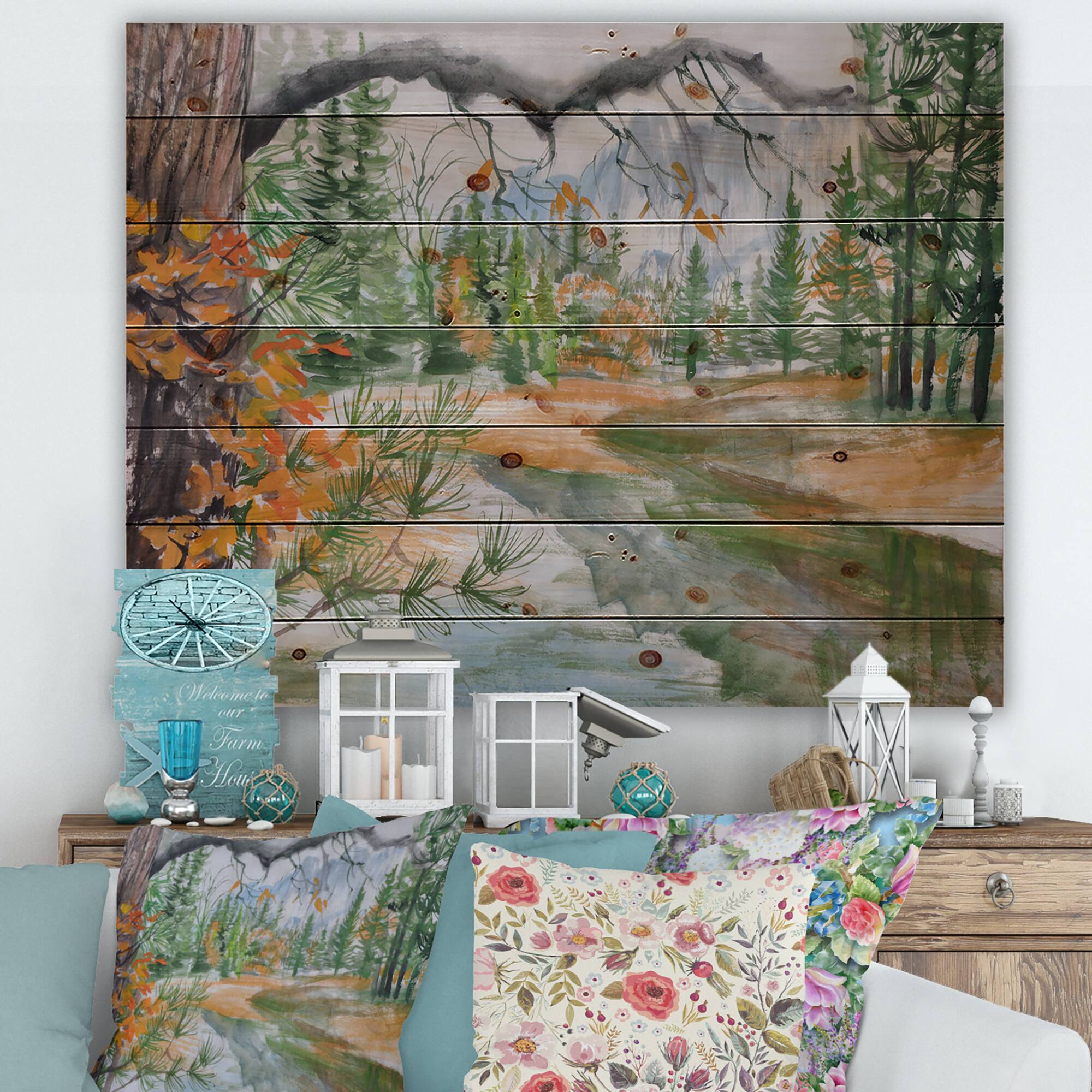 Designart - River With Trees In Autumn Forest - Lake House Print on Natural Pine Wood