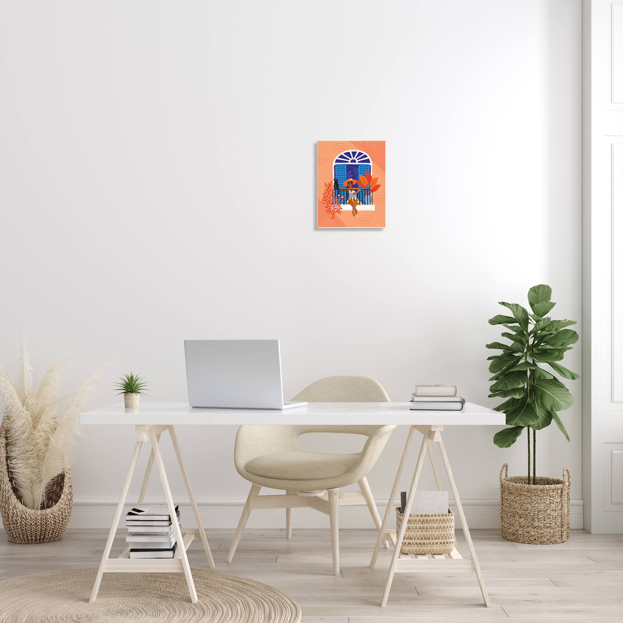 Stupell Industries Woman Reading Balcony Perched Cat Tropical Plants Wall Art