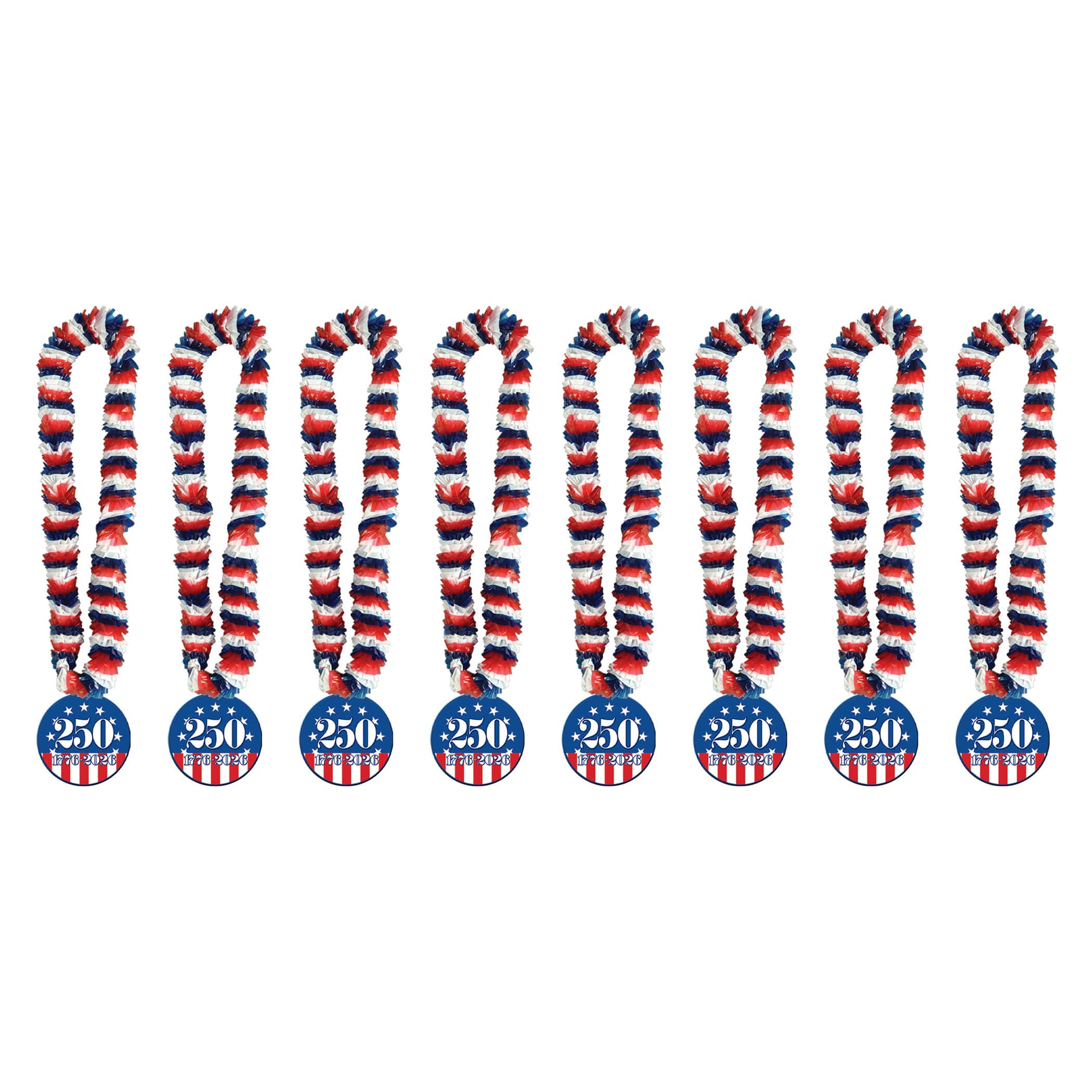 Beistle 36" Red, White & Blue Soft-Twist Poly Leis with Semiquincentennial Medallions, 8ct.