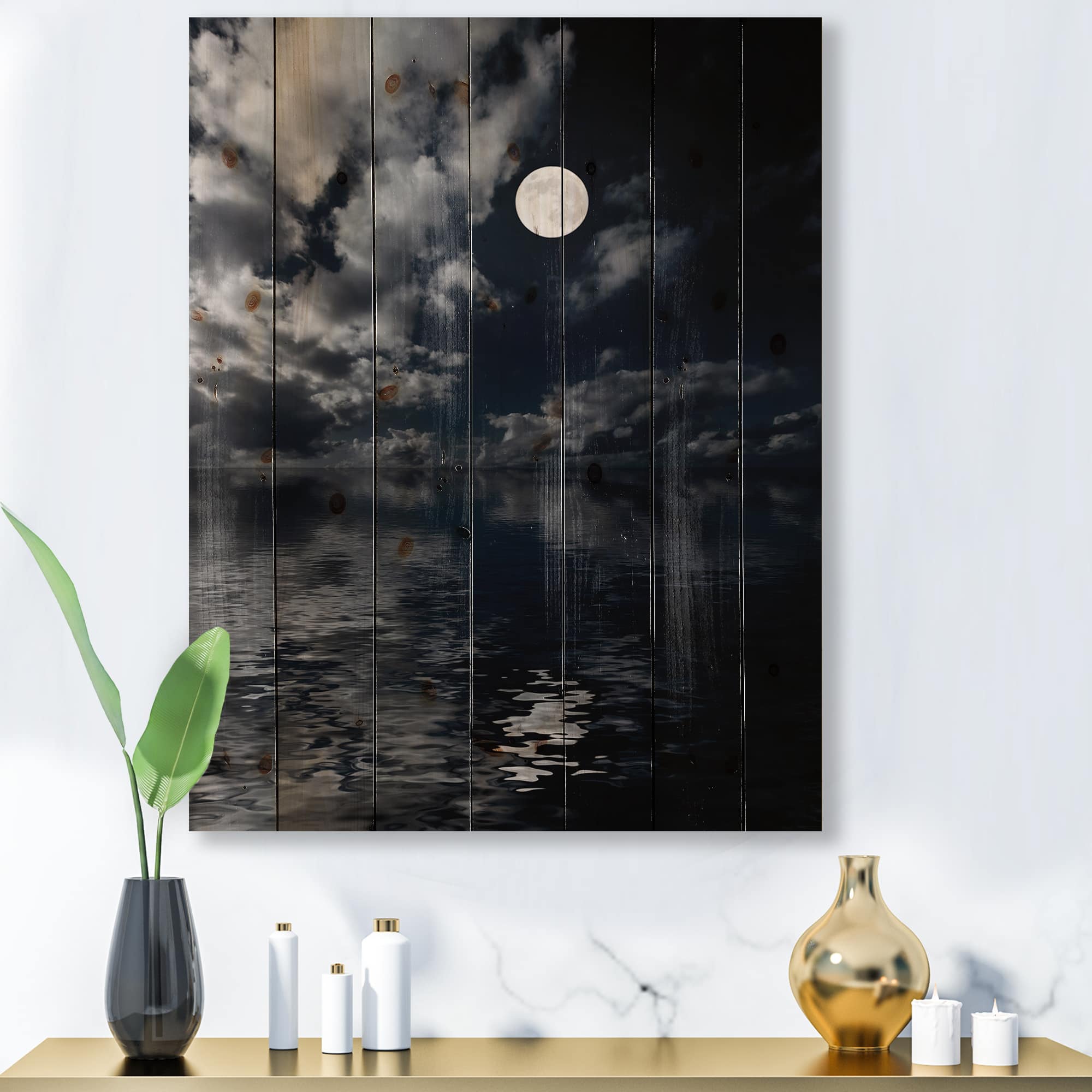 Designart - Full Moon In Cloudy Night Sky IV - Nautical & Coastal Print on Natural Pine Wood