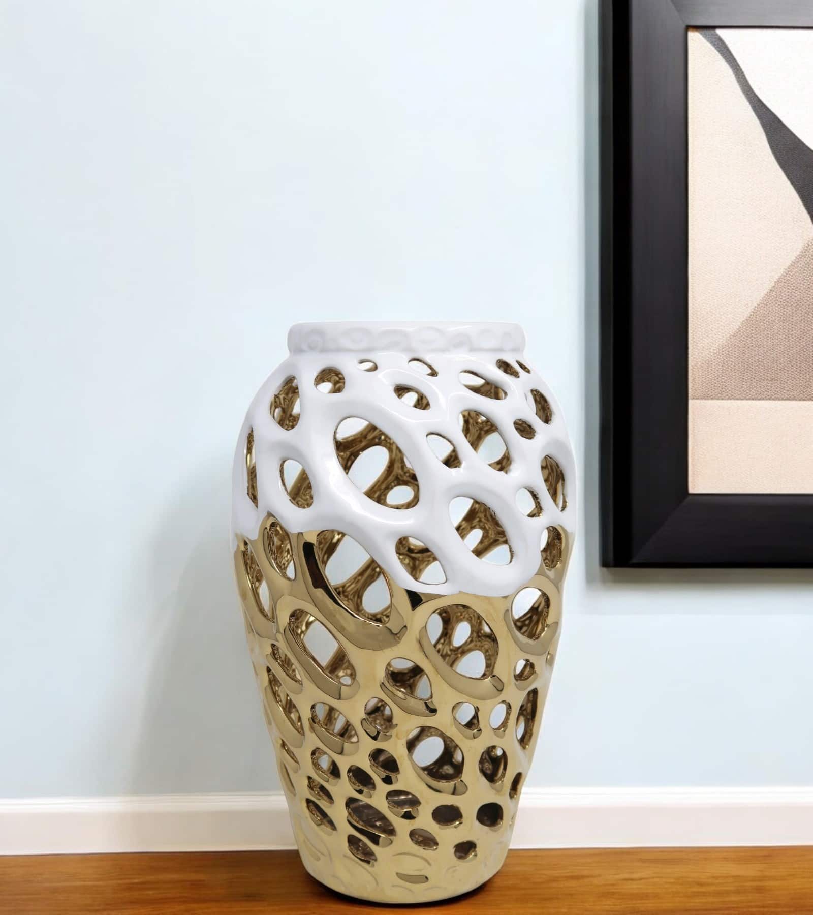 HomeRoots 12.5" Gold & White Pierced Urn Porcelain Table Vase