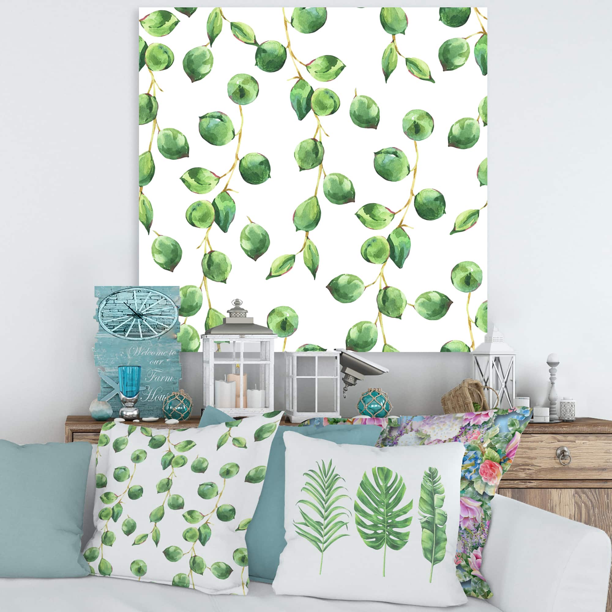 Designart - Tropical Green Leaves Patern - Tropical Canvas Wall Art Print