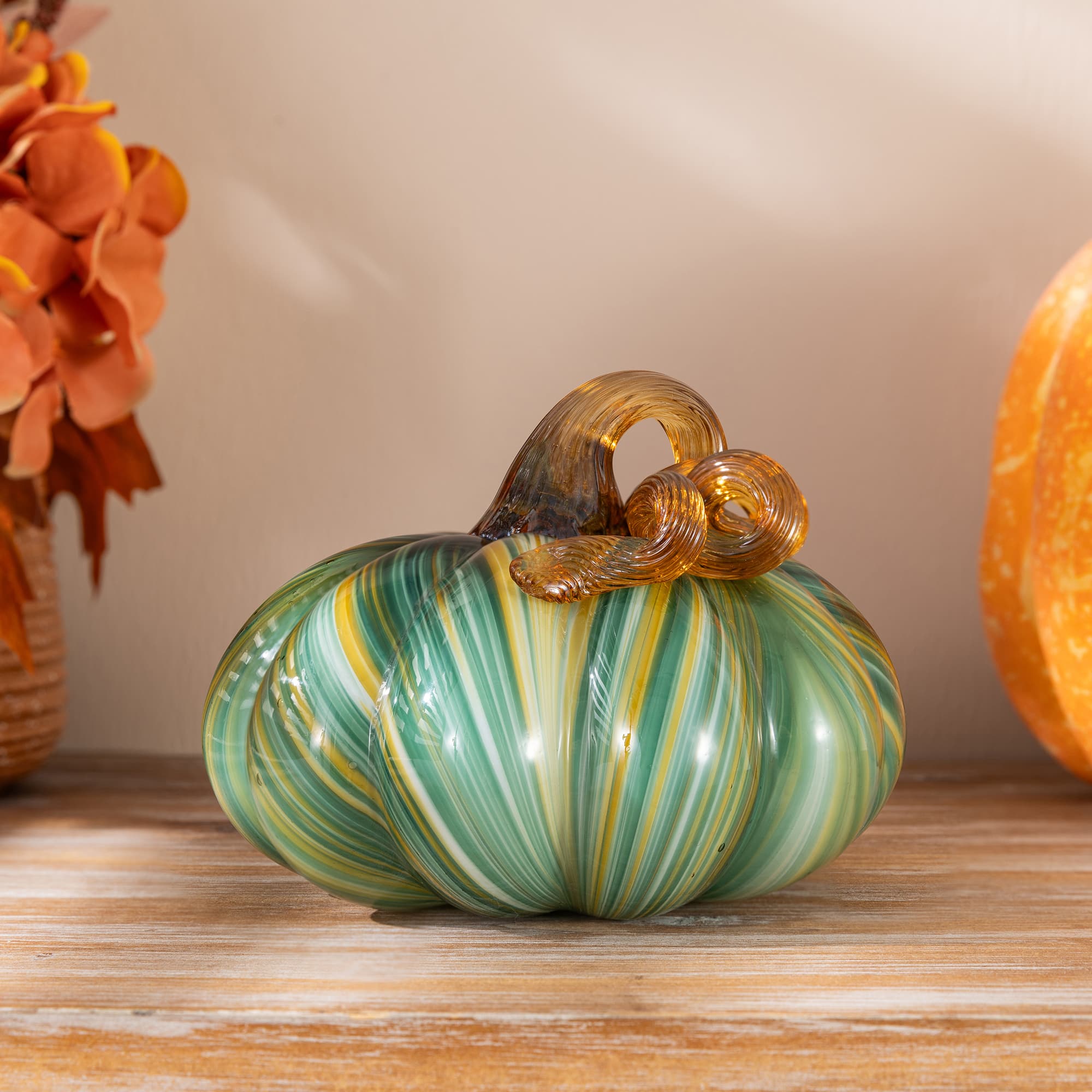 Glitzhome® 5.75" Multi Green Striped Glass Pumpkin Fall Table Decor