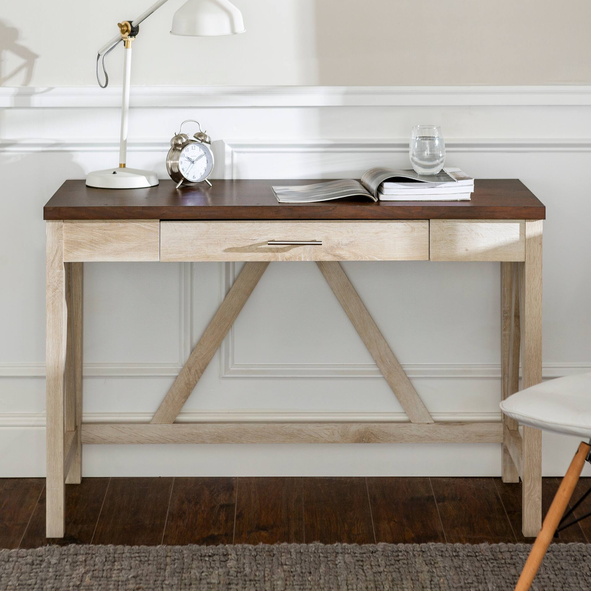 Walker Edison 46" White Oak/Traditional Brown A Frame Wood Computer Desk with Drawer