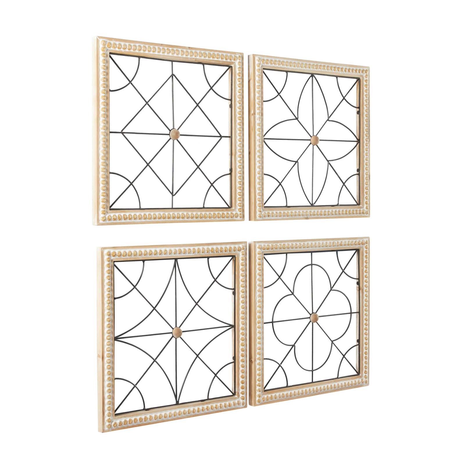 Brown Wood Carved Beading Geometric Wall Decor with Metal Wire Set of 4 16", 16"