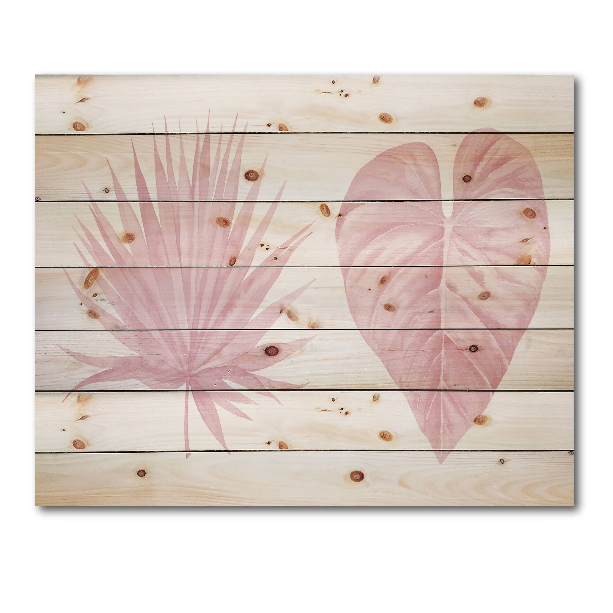 Designart - Tropical Pink Watercolour Leaves II - Shabby Chic Print on Natural Pine Wood