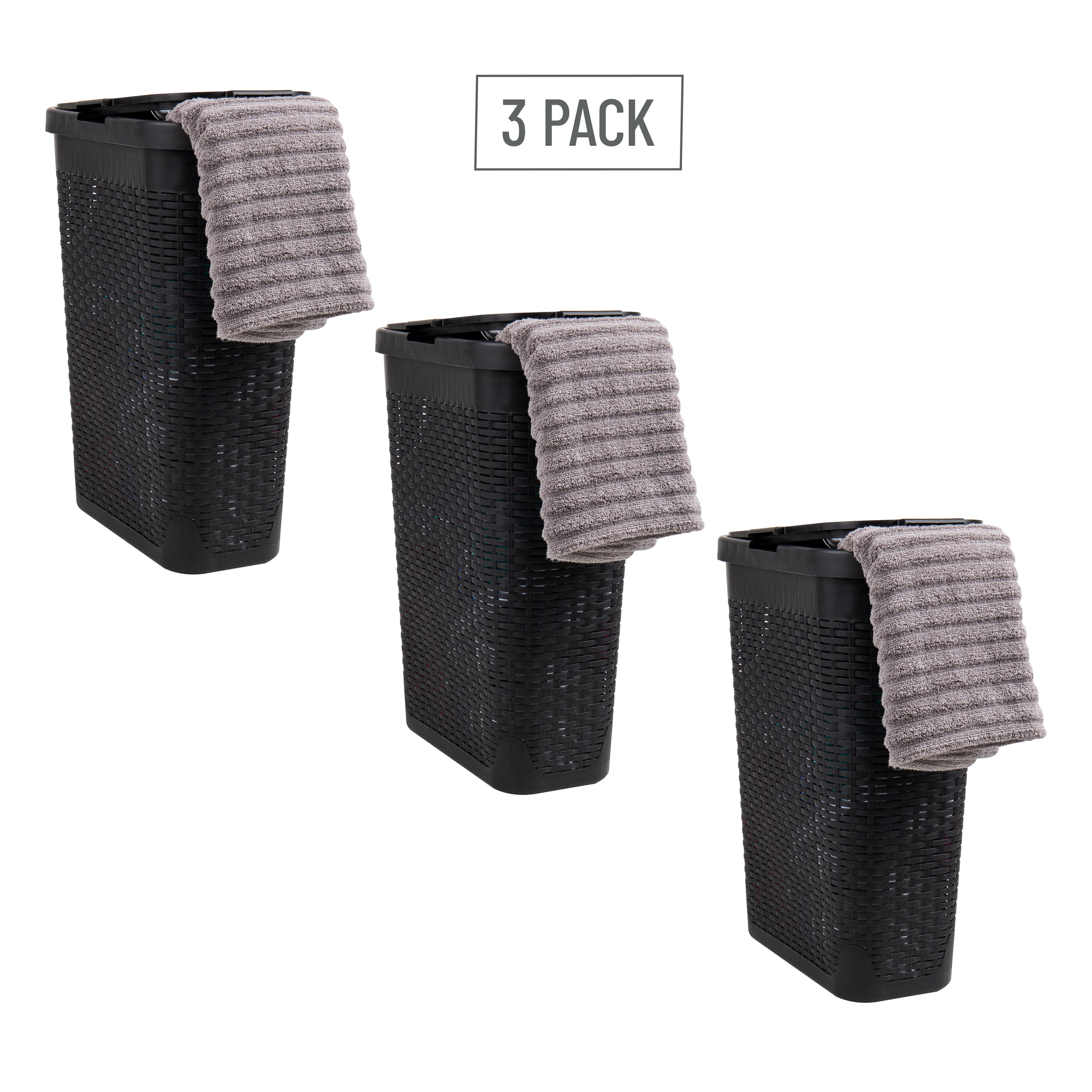 Mind Reader 40L Hamper Laundry Basket with Cutout Handles, 3-Pack, Black