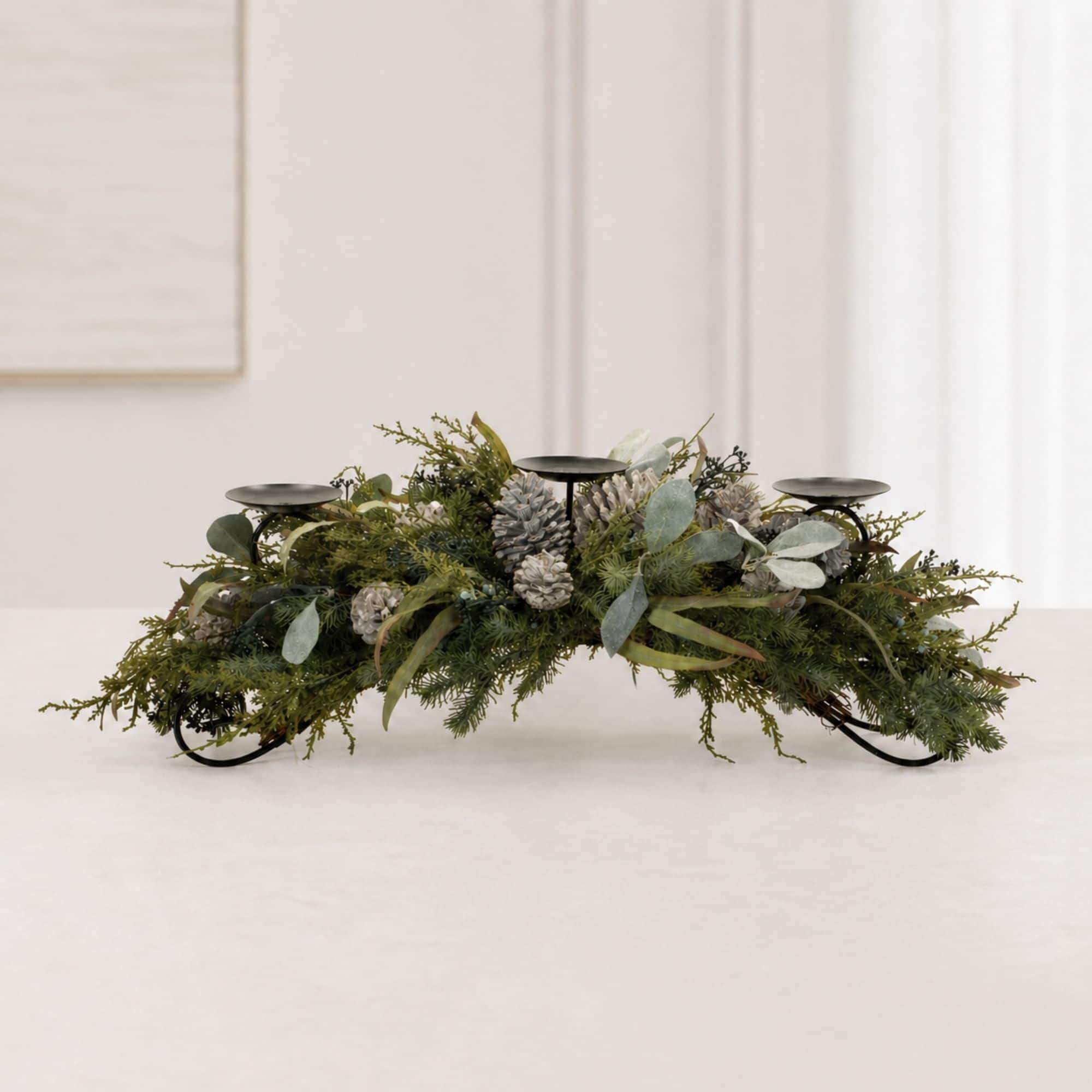 Melrose 32" Mixed Pine, Eucalyptus & Pinecones Candle Holder Centerpiece