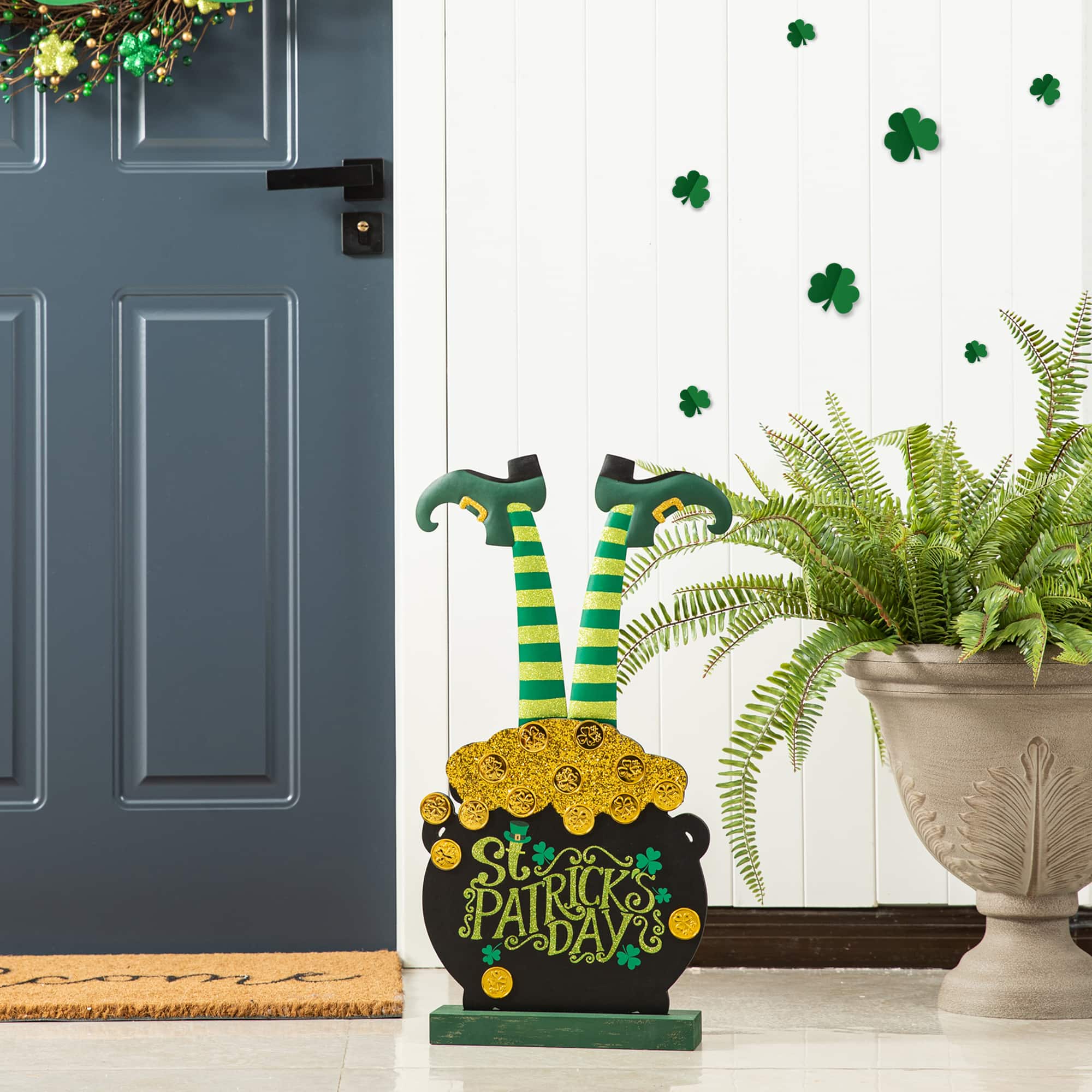 Glitzhome® 24" Wooden St. Patrick's Leprechaun Pot of Gold Porch Décor