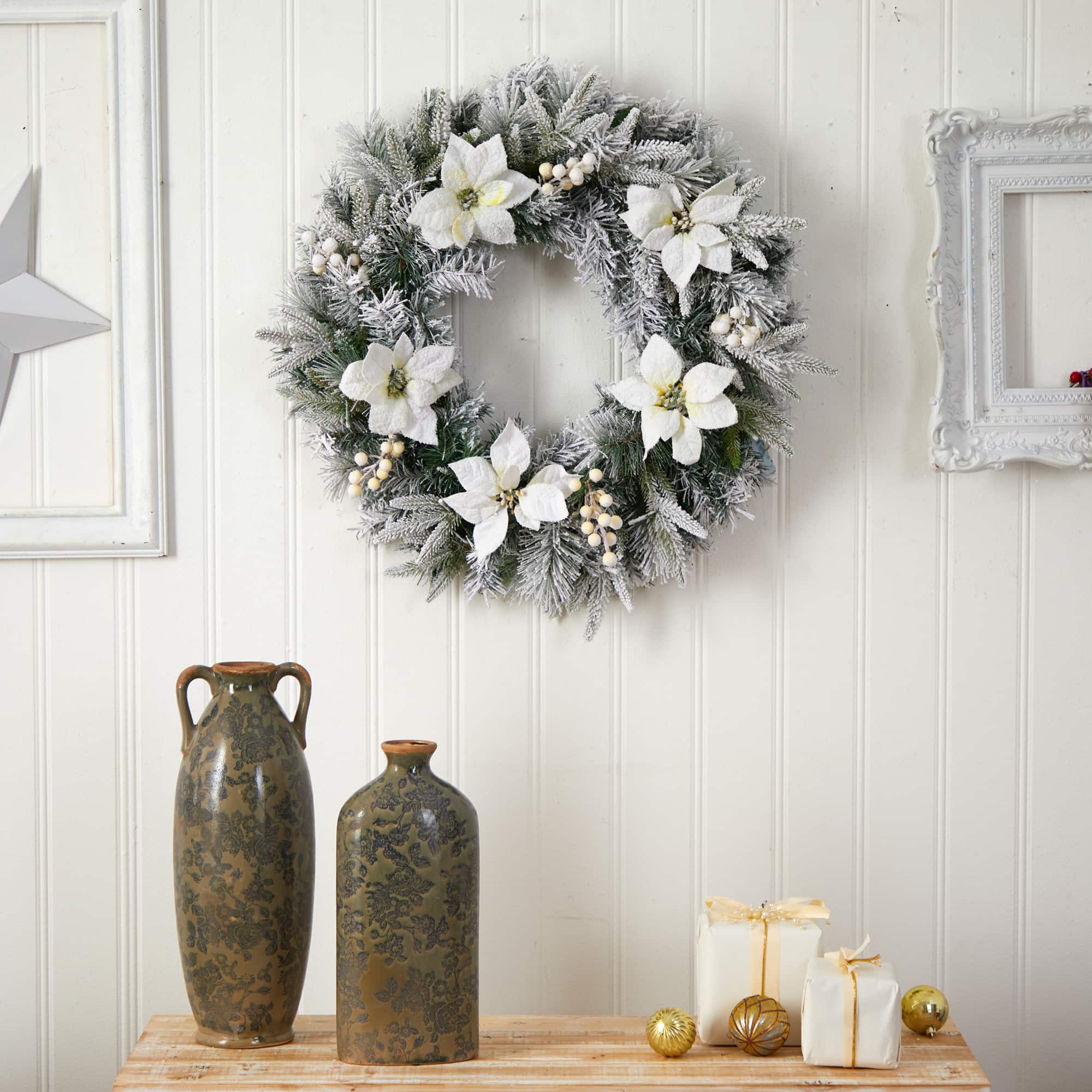 24" White LED Lights Flocked Poinsettia & Pine Artificial Christmas Wreath