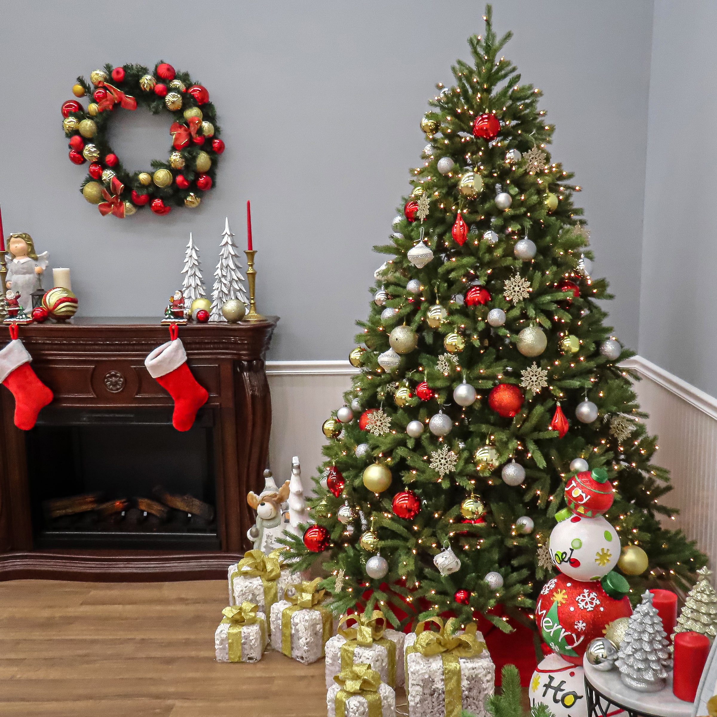 7.5 ft. Pre-Lit Feel Real® Jersey Fraser Fir Medium Hinged Artificial Christmas Tree, Clear Lights