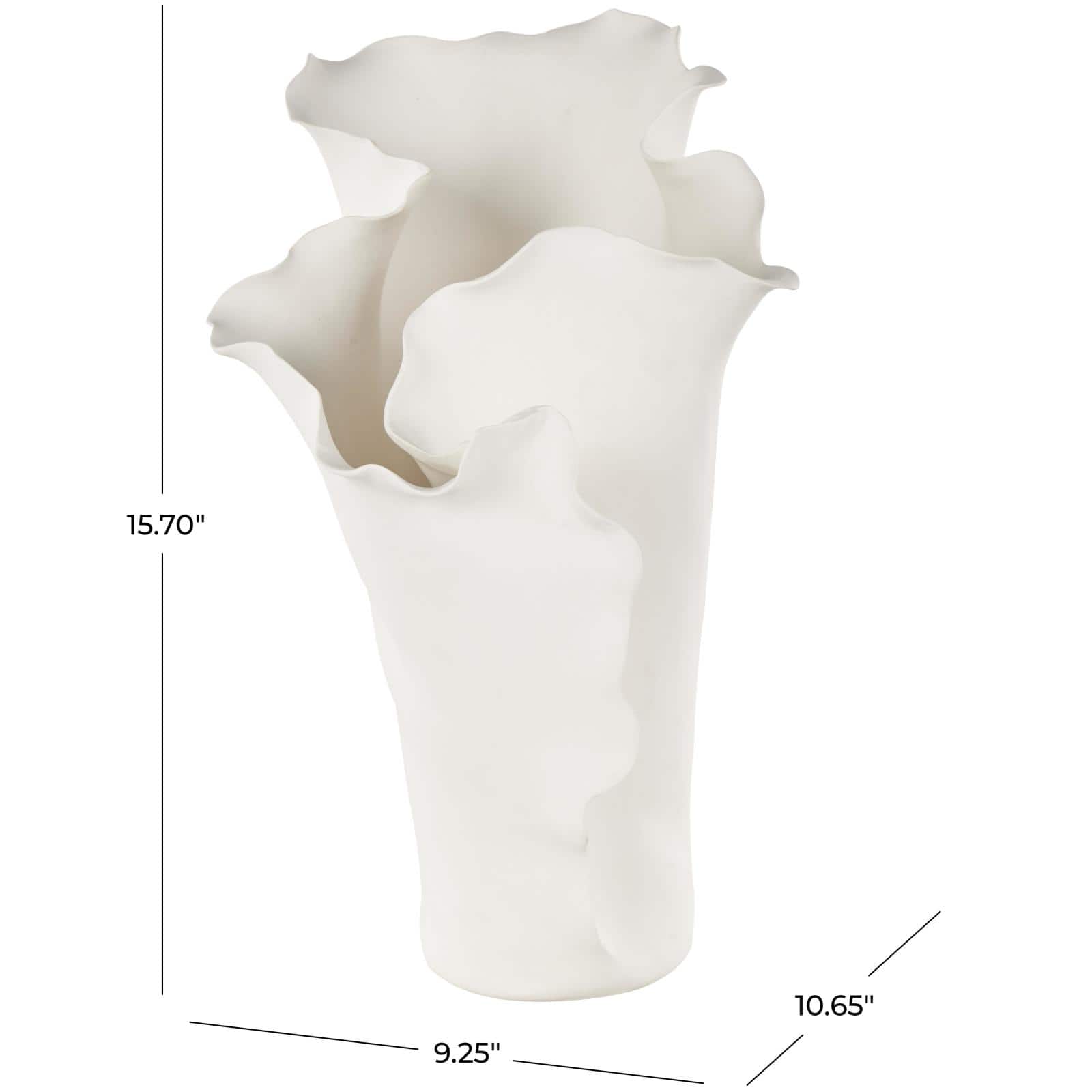 15.75" White Ceramic Abstract Floral Vase with Wavy Folded Rim
