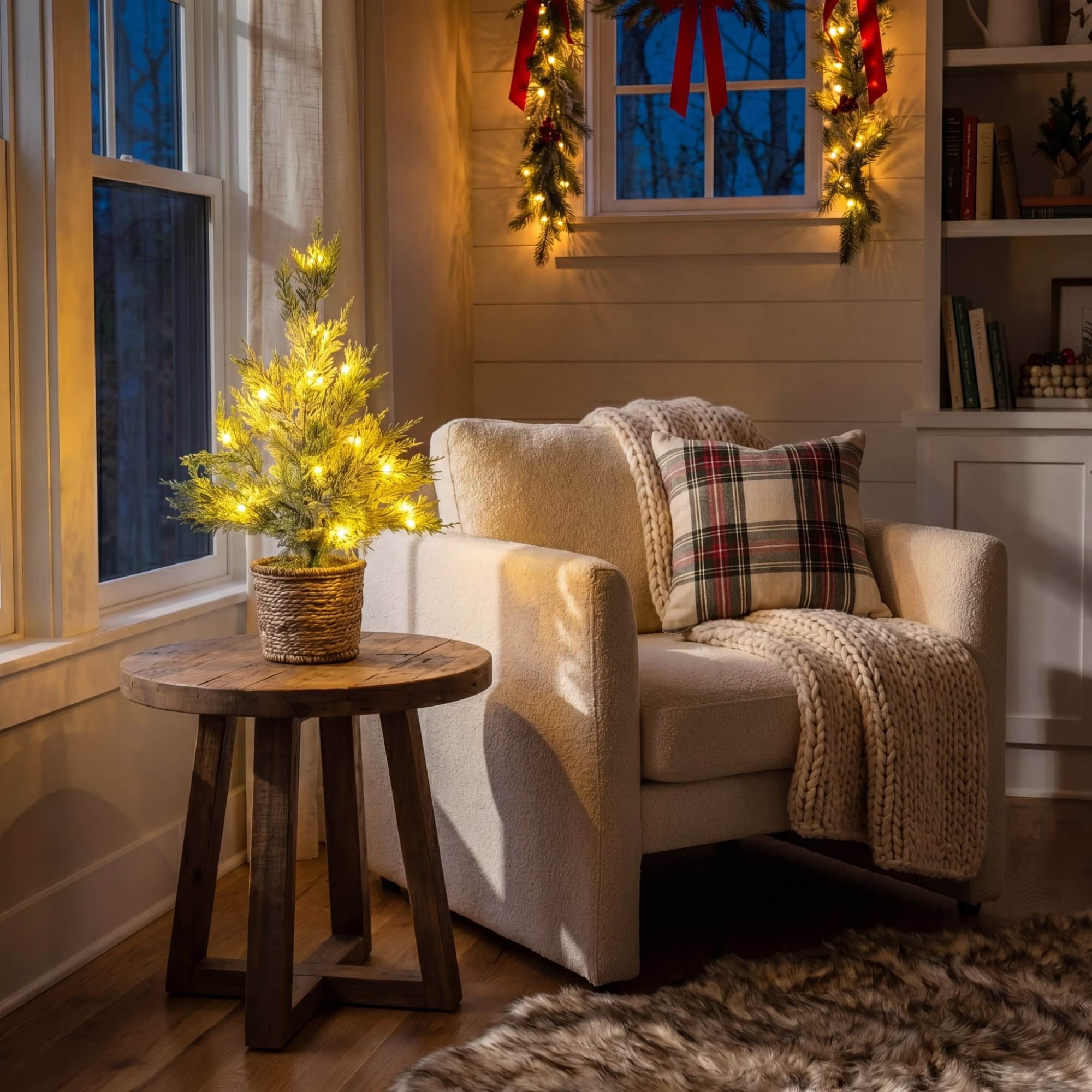 Nearly Natural 18" Pre-Lit Artificial Snowed Cypress Christmas Tree in Hyacinth Basket, Warm White LED Lights