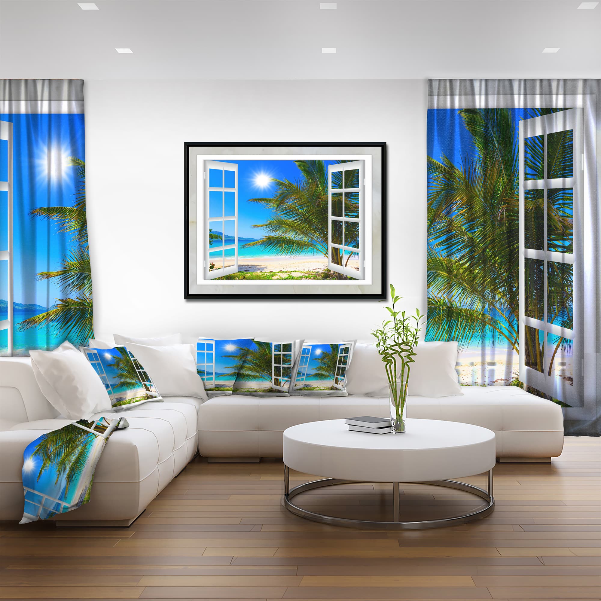 Designart - Window Open to Beach with Palm - Extra Large Seashore Framed Canvas Art
