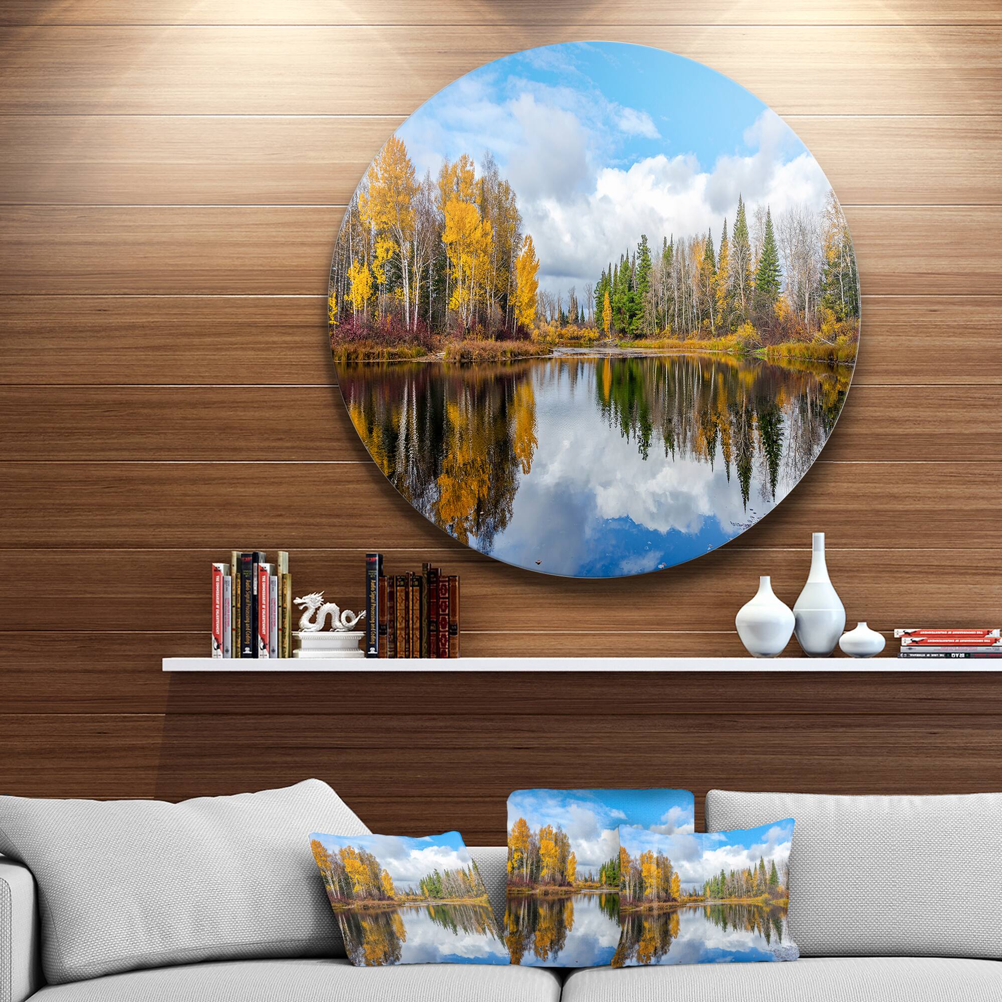 Designart - Nice Autumn Trees With Forest Lake' Landscape Metal Circle Wall Art